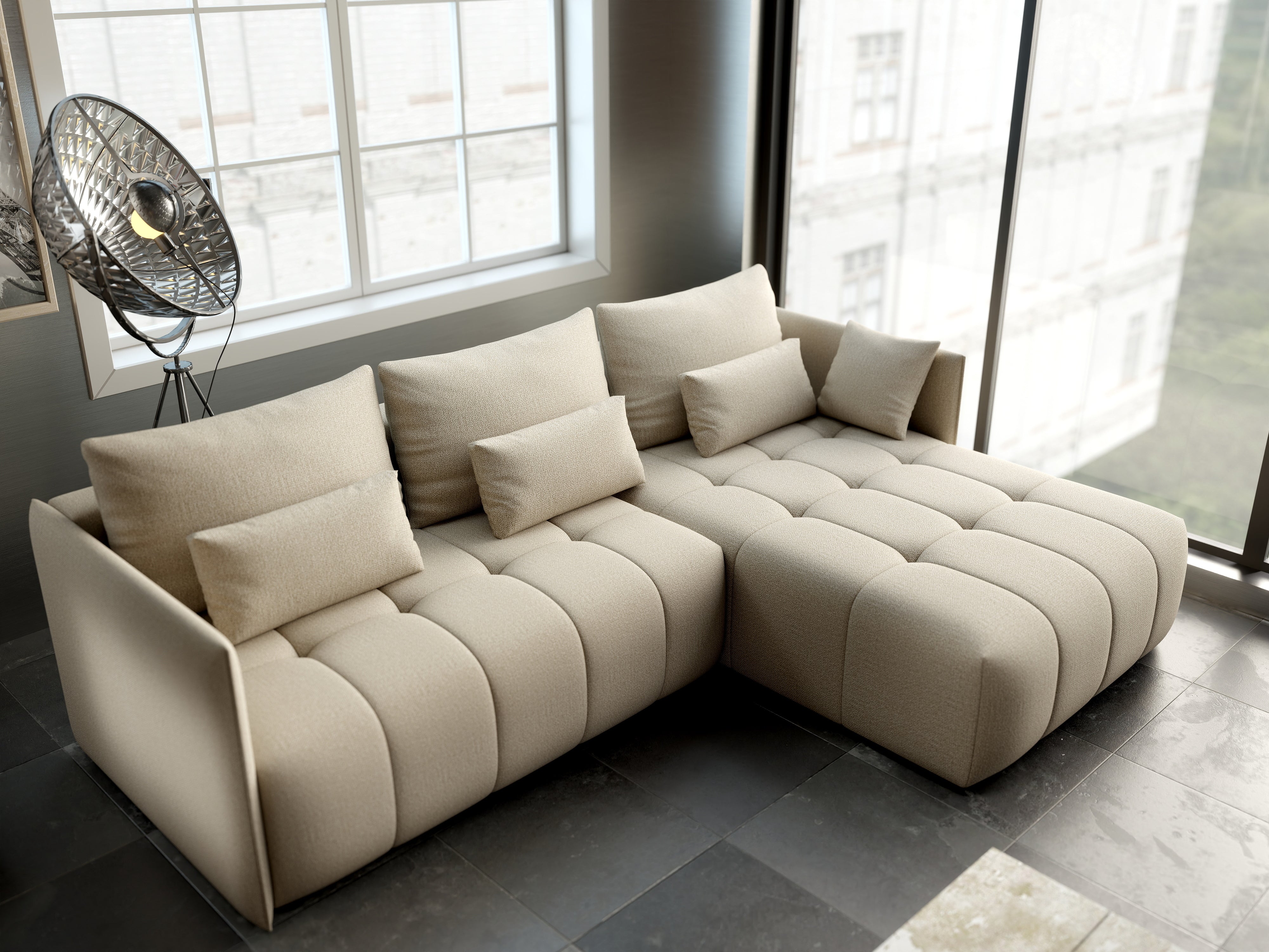 Colțar extensibil dumonde cu ladă de depozitare si sezut confortabil din spuma HR, Malta Bej II 235x185 cm Fabrica