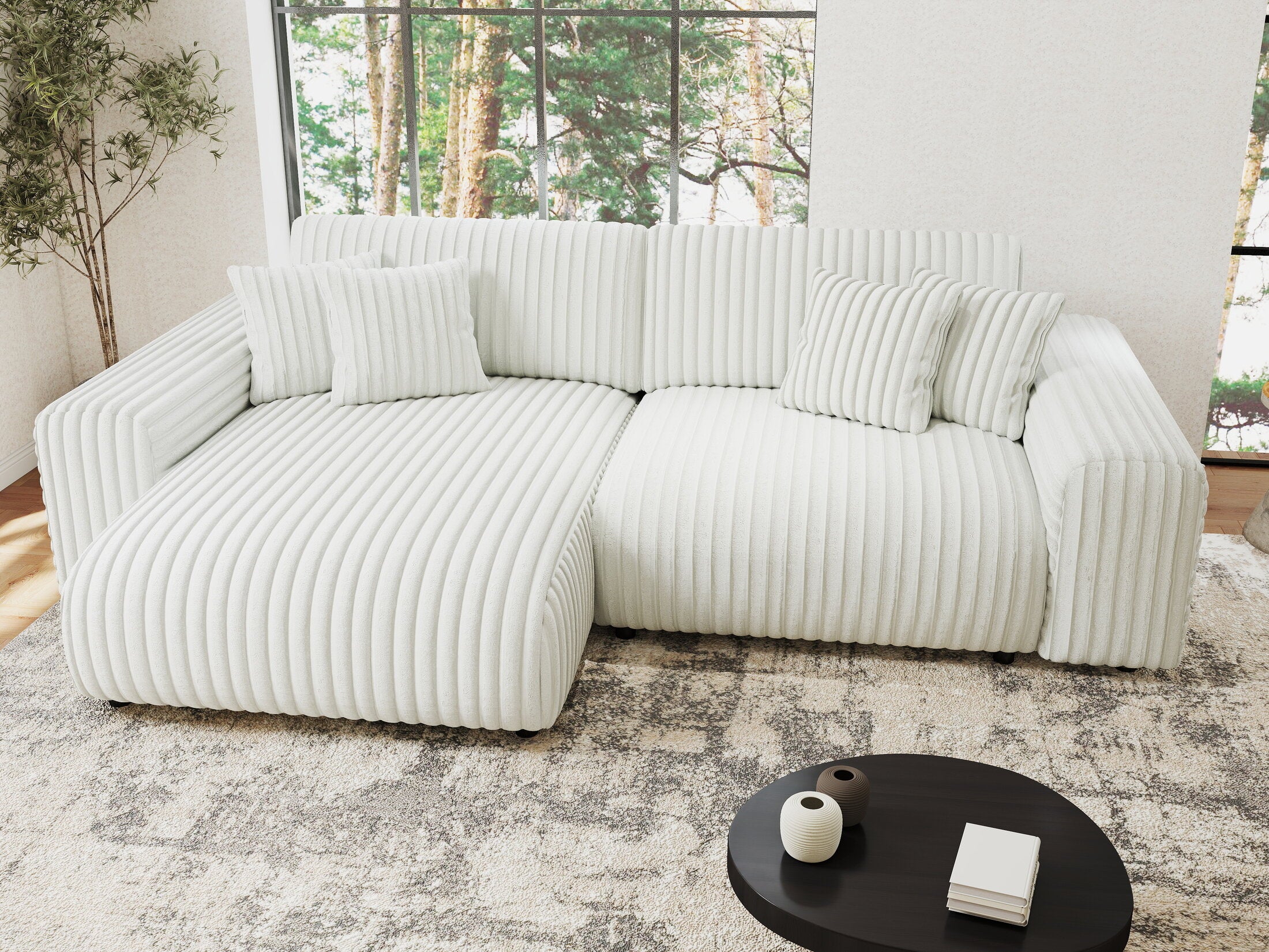 Colțar extensibil dumonde cu ladă de depozitare si sezut confortabil din spuma HR, Sarina Ambience Alb 255x168 cm