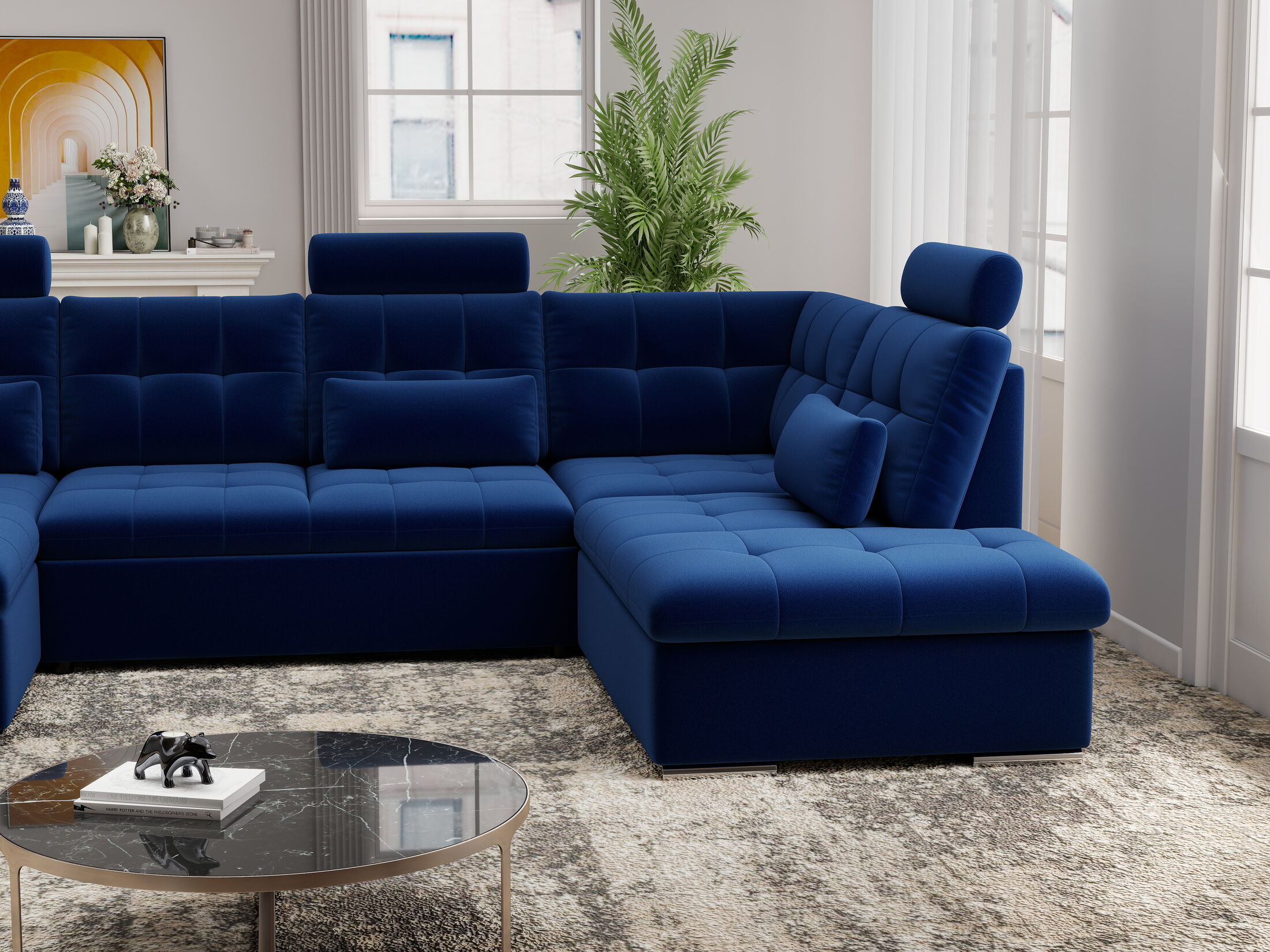 Colțar extensibil dumonde cu ladă de depozitare și șezut confortabil din spumă HR, Merkur U Royal Albastru Navy 324x218 cm