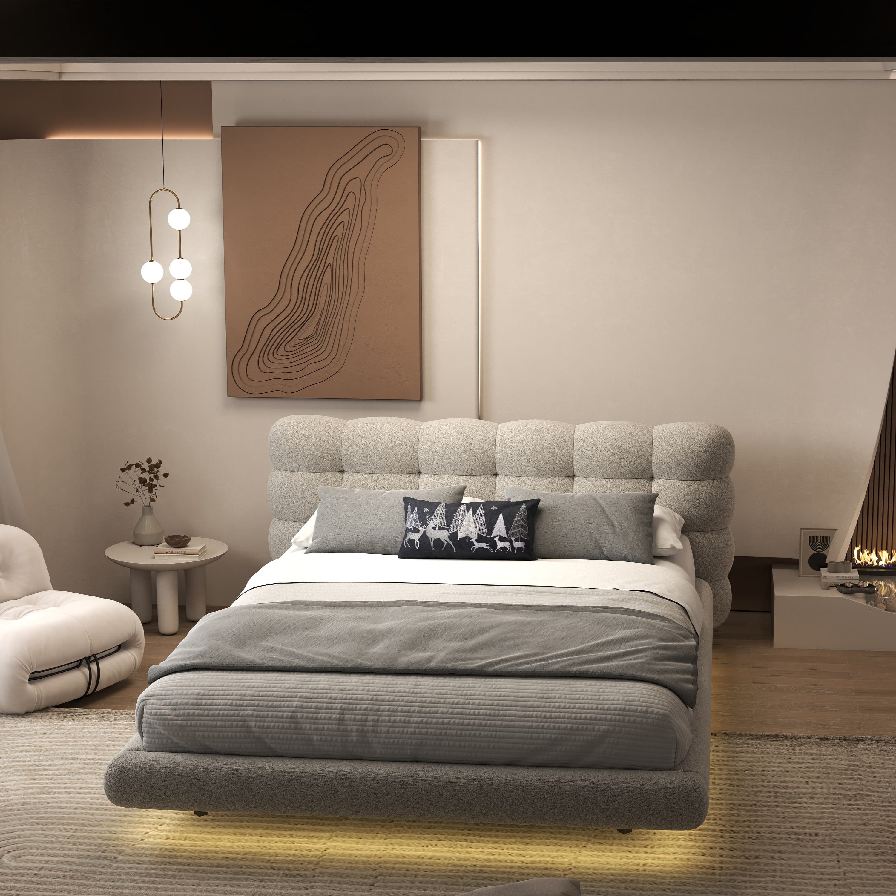 Pat dormitor dumonde, tapitat bej cu LED, "floating bed" Cloud 160x200 cm, somiera inclusa