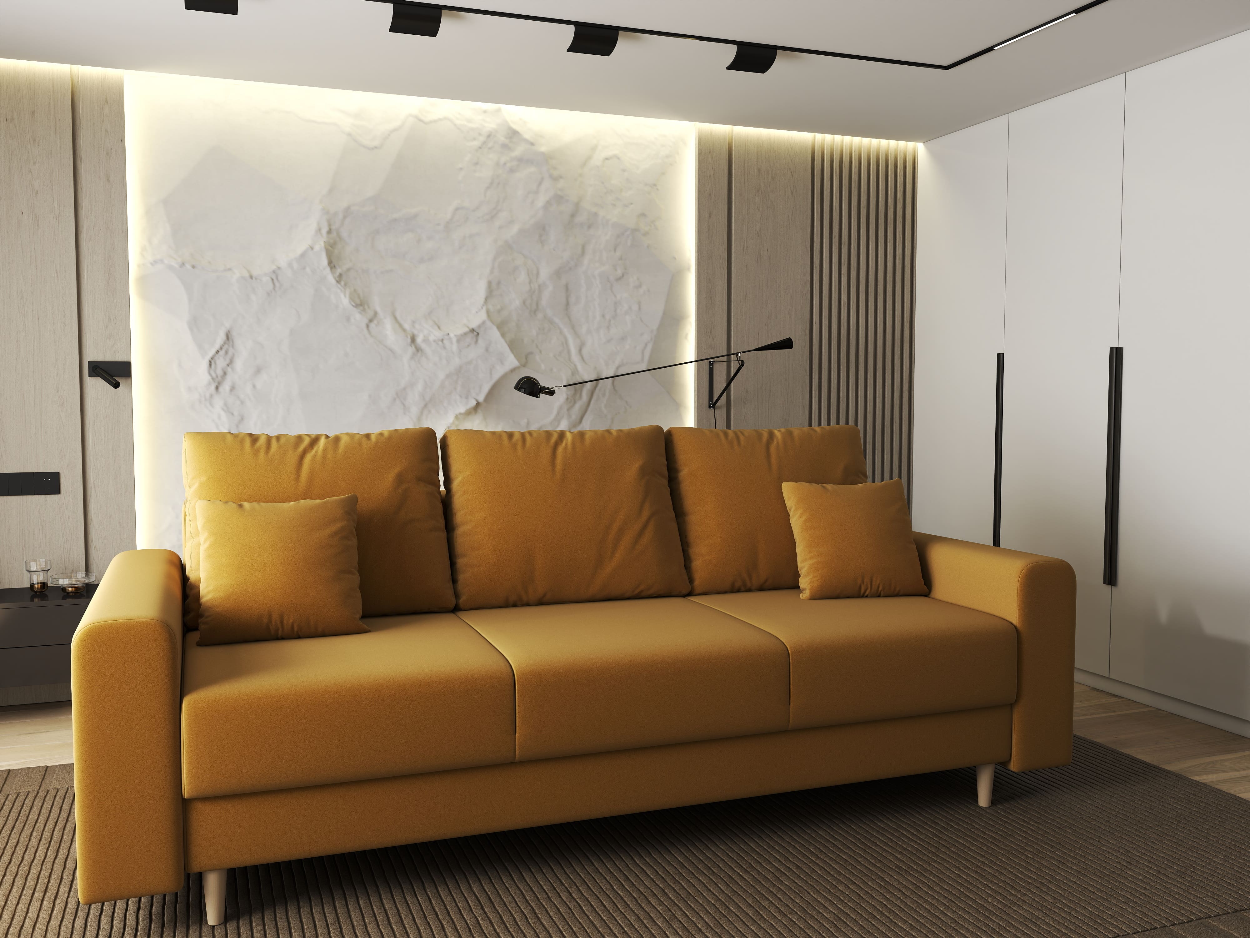 Canapea extensibilă dumonde cu ladă de depozitare si sezut confortabil din spuma HR, Kronos Royal Mustar 210x100 cm fabrica