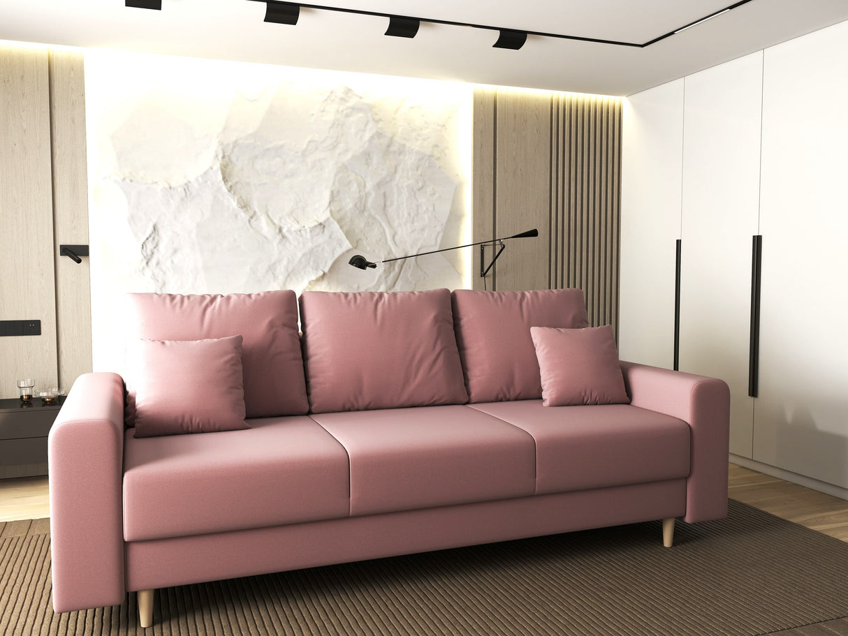 Canapea extensibilă dumonde cu ladă de depozitare si sezut confortabil din spuma HR, Kronos Royal Roz 210x100 cm fabrica