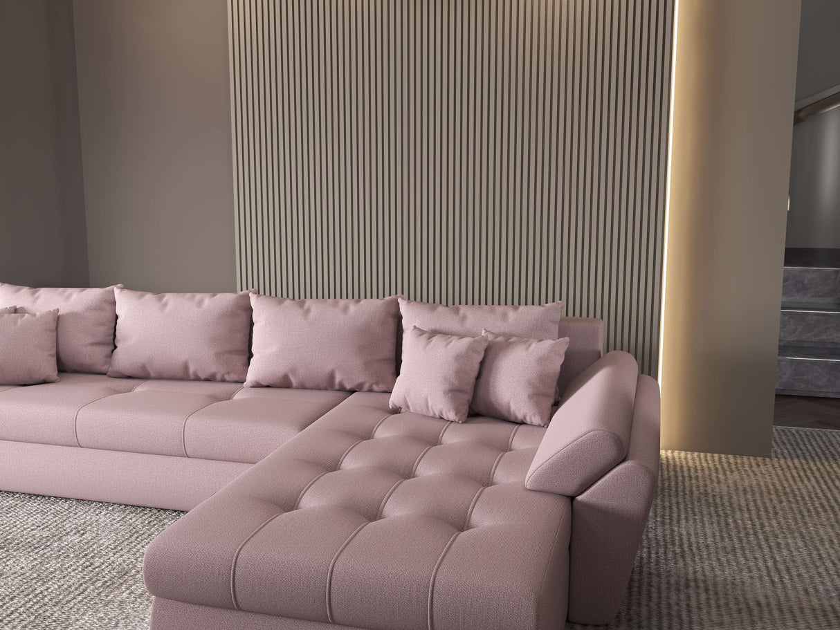 Colțar extensibil dumonde cu ladă de depozitare si sezut confortabil din spuma HR, Loana XL Enjoy Roz II 335x185 cm Fabrica
