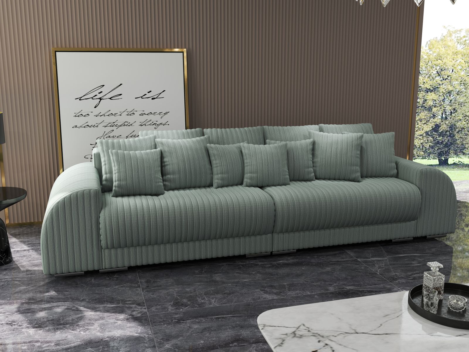 Canapea extensibilă dumonde cu 2 lăzi de depozitare si sezut confortabil din spuma HR, Verona Ambience Sage 310x100 cm Fabrica