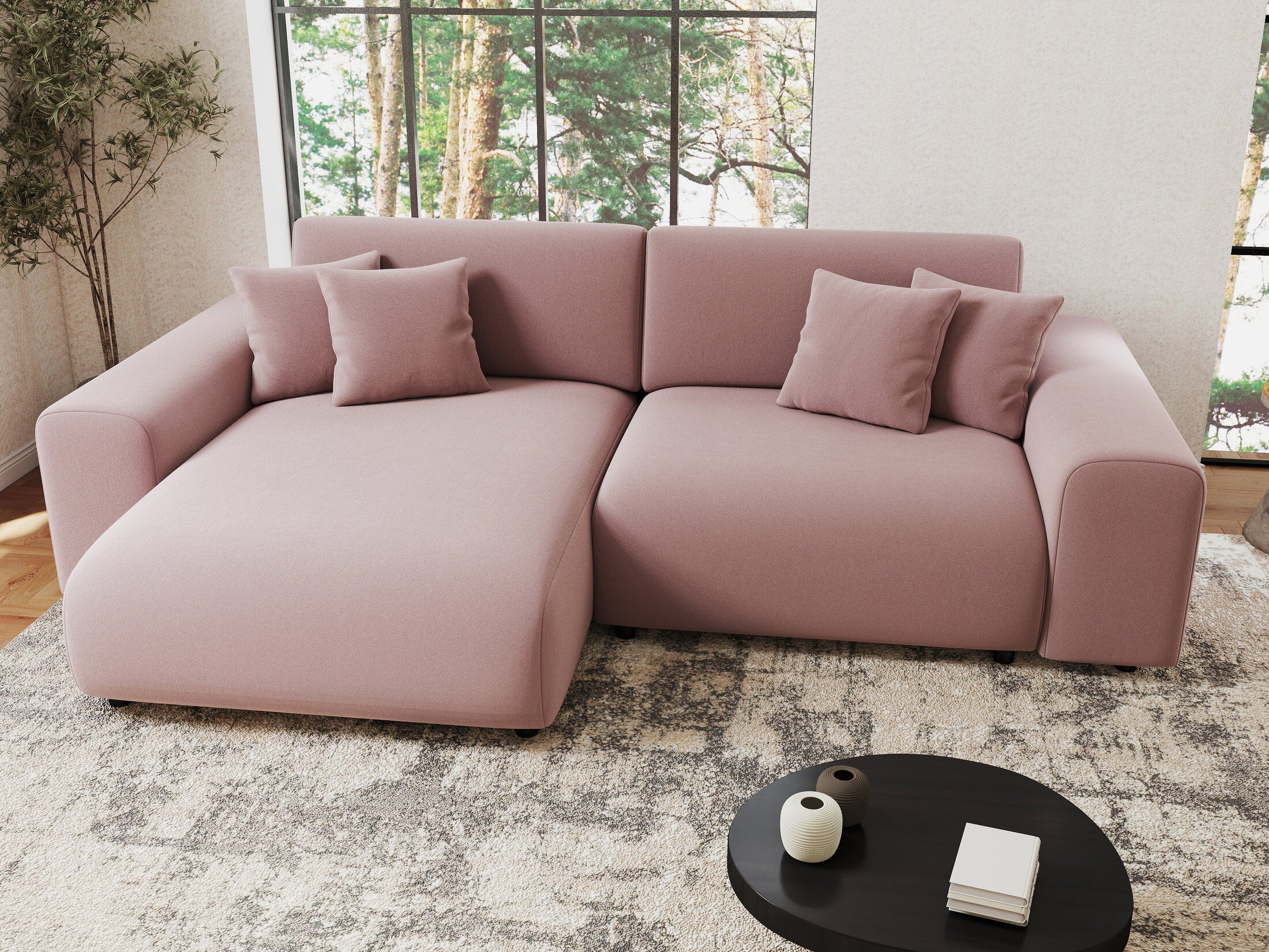 Colțar extensibil dumonde cu ladă de depozitare si sezut confortabil din spuma HR, Sarina Royal Roz 255x168 cm