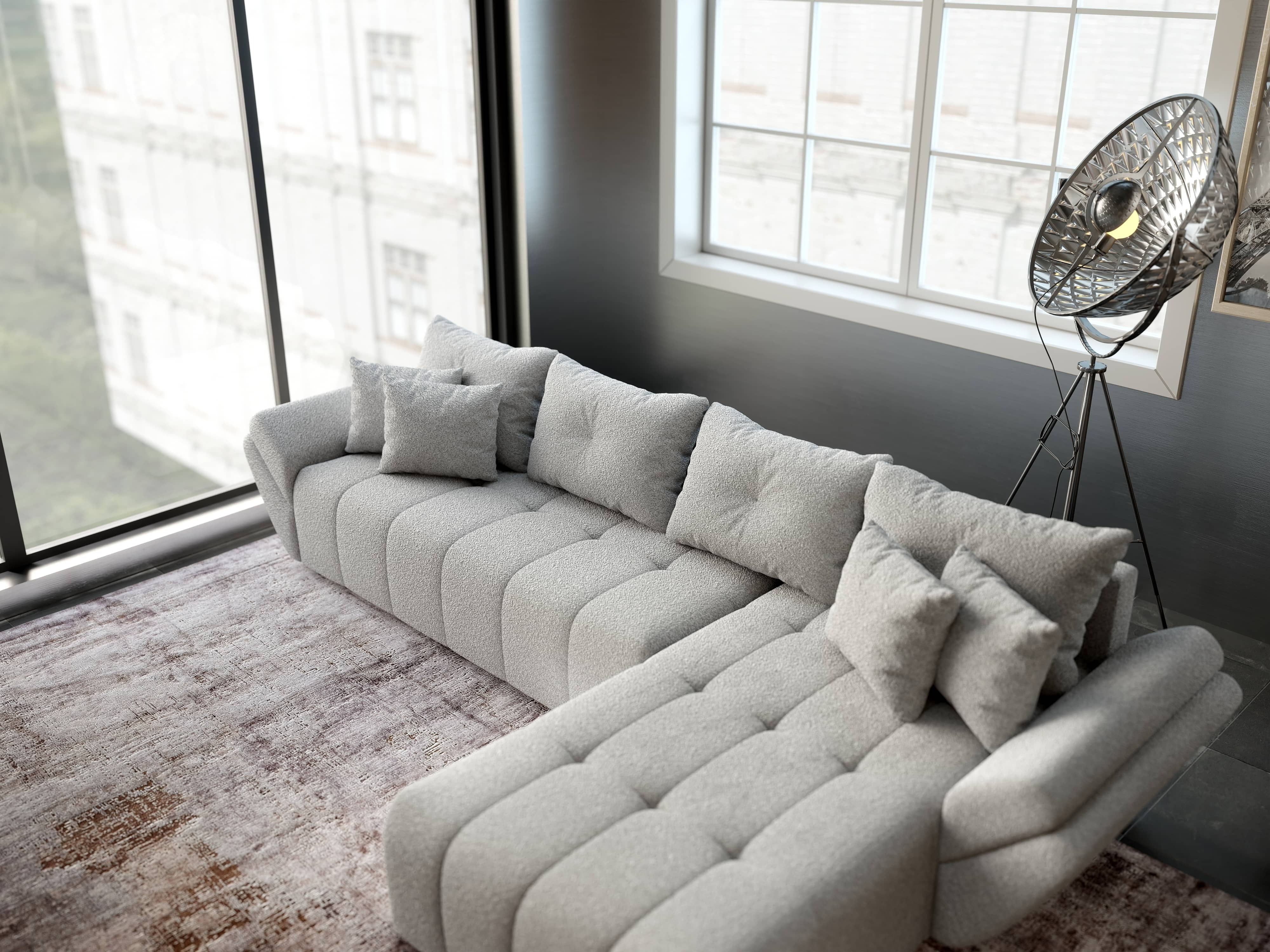 Colțar extensibil dumonde cu ladă de depozitare si sezut confortabil din spuma HR, Berlin XL Euphoria Dove 350x185 cm II Fabrica