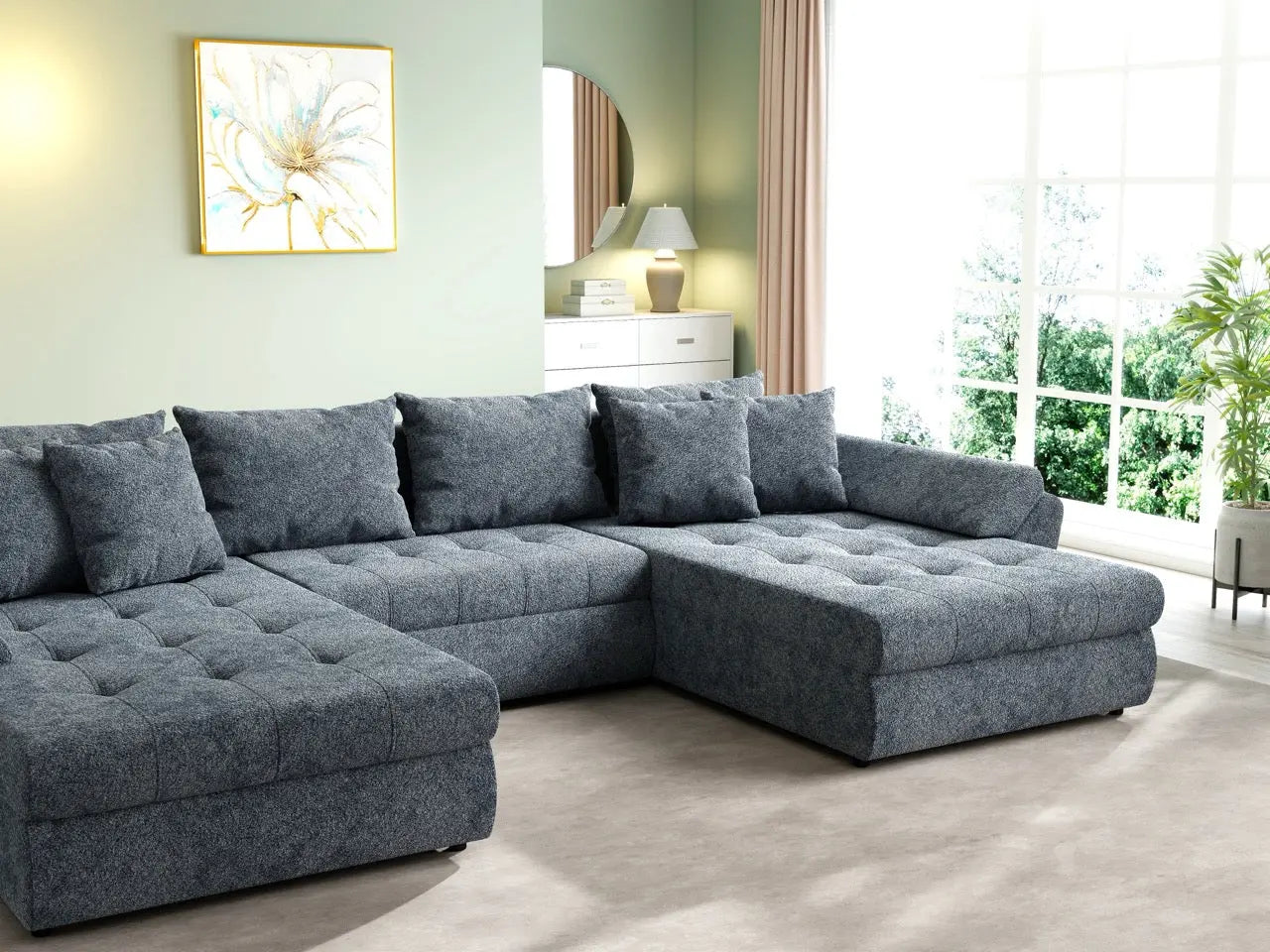 Colțar extensibil dumonde cu ladă de depozitare si sezut confortabil din spuma HR, Loana U Euphoria Grafit 355x185 cm Fabrica