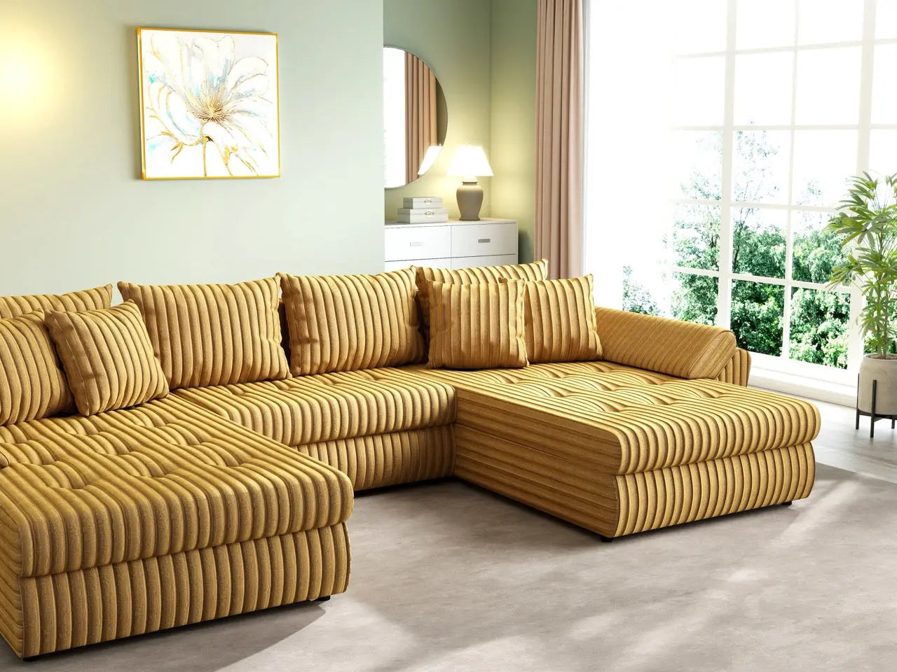 Colțar extensibil dumonde cu ladă de depozitare si sezut confortabil din spuma HR, Loana U Ambience Mustar 355x185 cm Fabrica