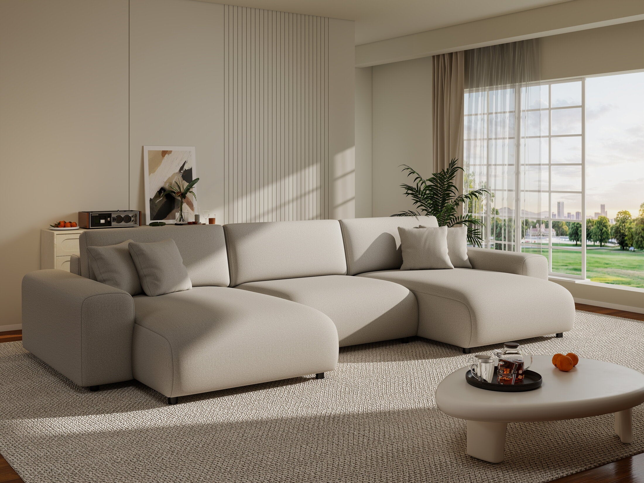 Colțar extensibil dumonde cu ladă de depozitare si sezut confortabil din spuma HR, Sarina U Enjoy Bej 350x168 cm