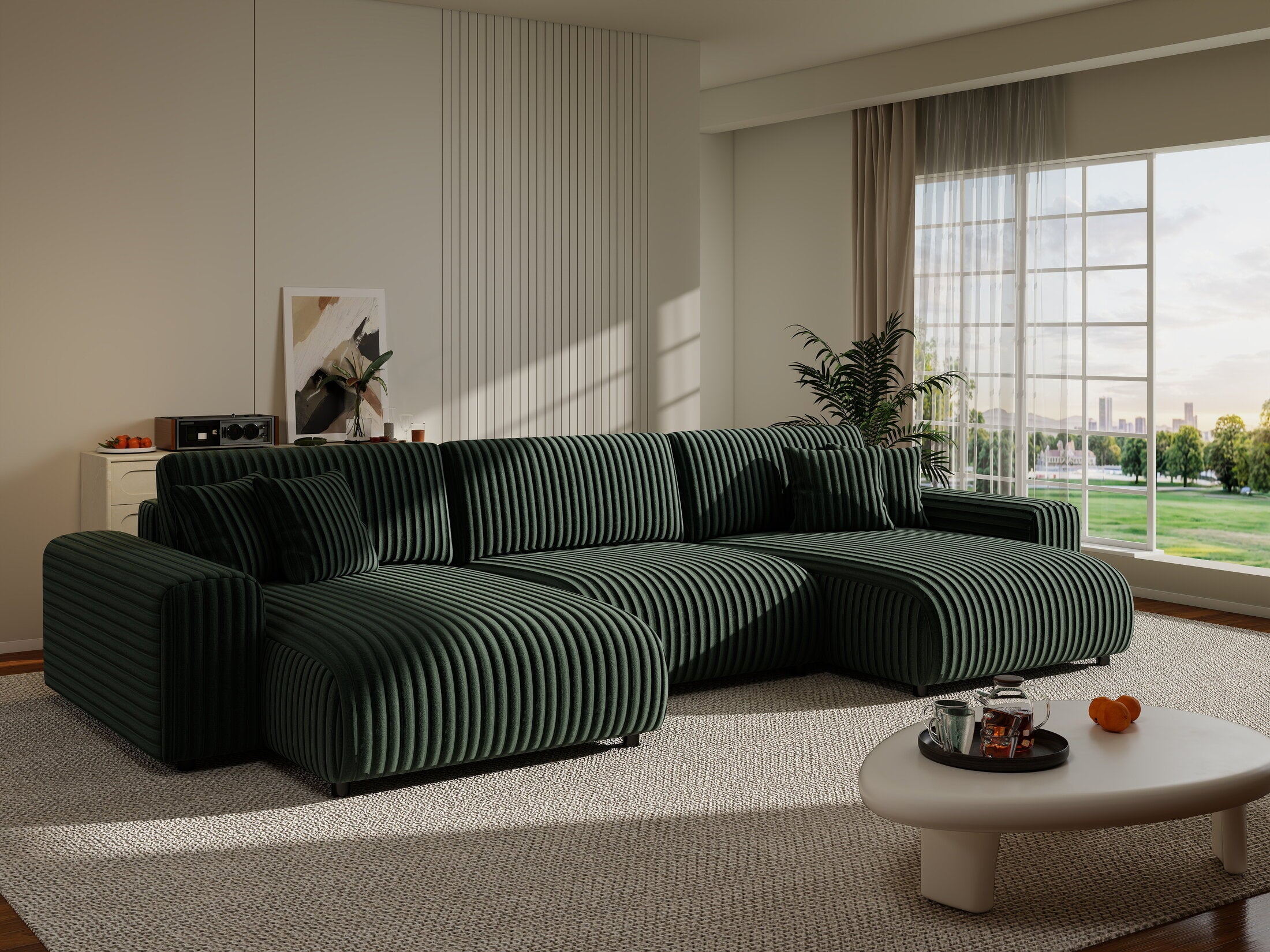 Colțar extensibil dumonde cu ladă de depozitare si sezut confortabil din spuma HR, Sarina U Ambience Verde 350x168 cm