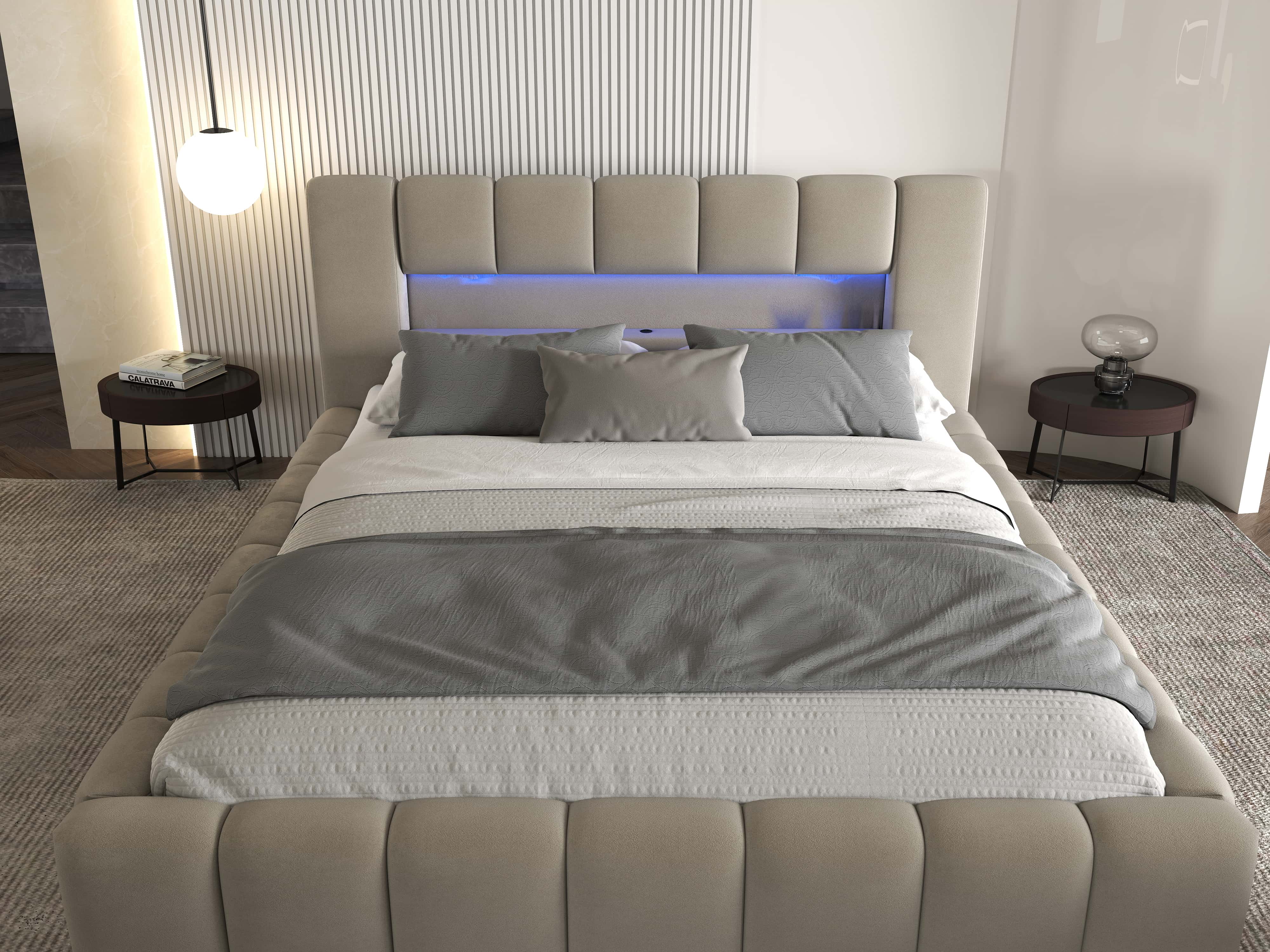 Pat dormitor dumonde, tapitat bej cu LED si USB, Palermo 180x200 cm, somiera rabatabila inclusa, spatiu depozitare