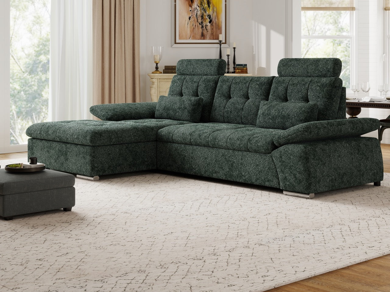 Colțar extensibil dumonde cu ladă de depozitare și șezut confortabil din spumă HR, Merkur Euphoria Verde 270x168 cm