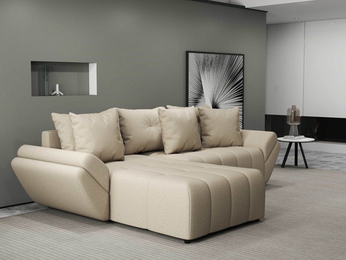 Colțar extensibil dumonde cu ladă de depozitare si sezut confortabil din spuma HR, Berlin Enjoy Beige 280x185 cm Fabrica