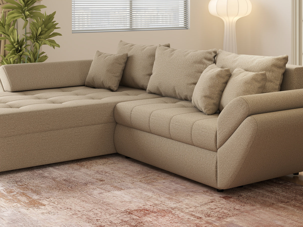 Colțar extensibil dumonde cu ladă de depozitare si sezut confortabil din spuma HR, Loana Camel 270x185 cm Fabrica