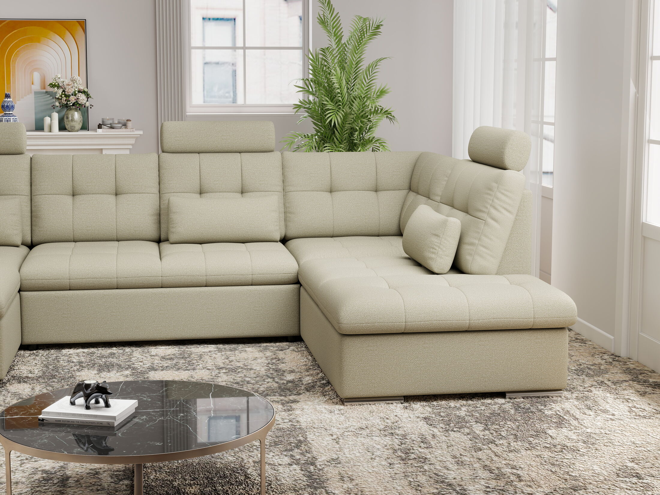 Colțar extensibil dumonde cu ladă de depozitare și șezut confortabil din spumă HR, Merkur U Enjoy Bej 324x218 cm