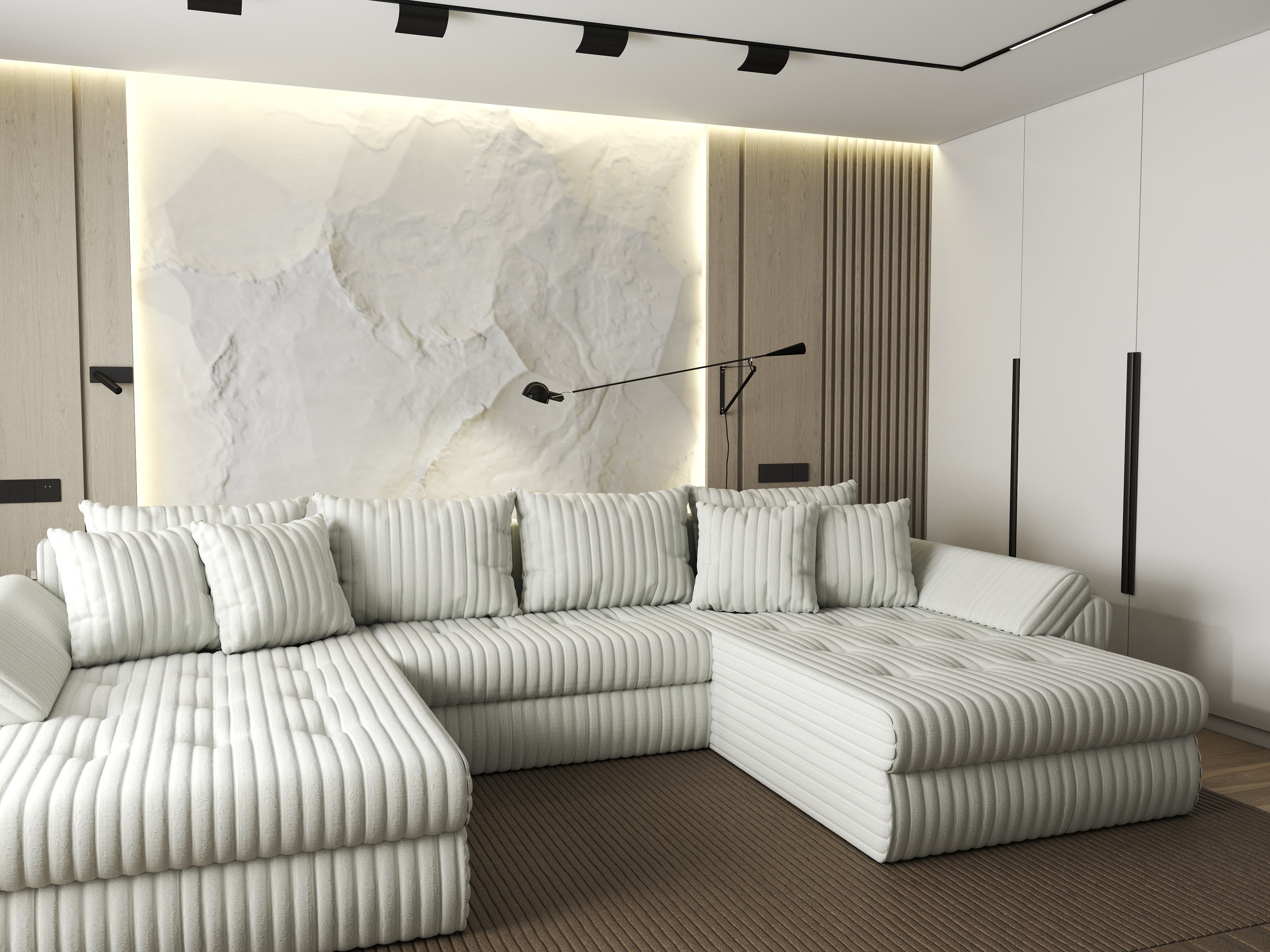 Colțar extensibil dumonde cu ladă de depozitare si sezut confortabil din spuma HR, Loana U Bej Ambience 355x185 cm Fabrica