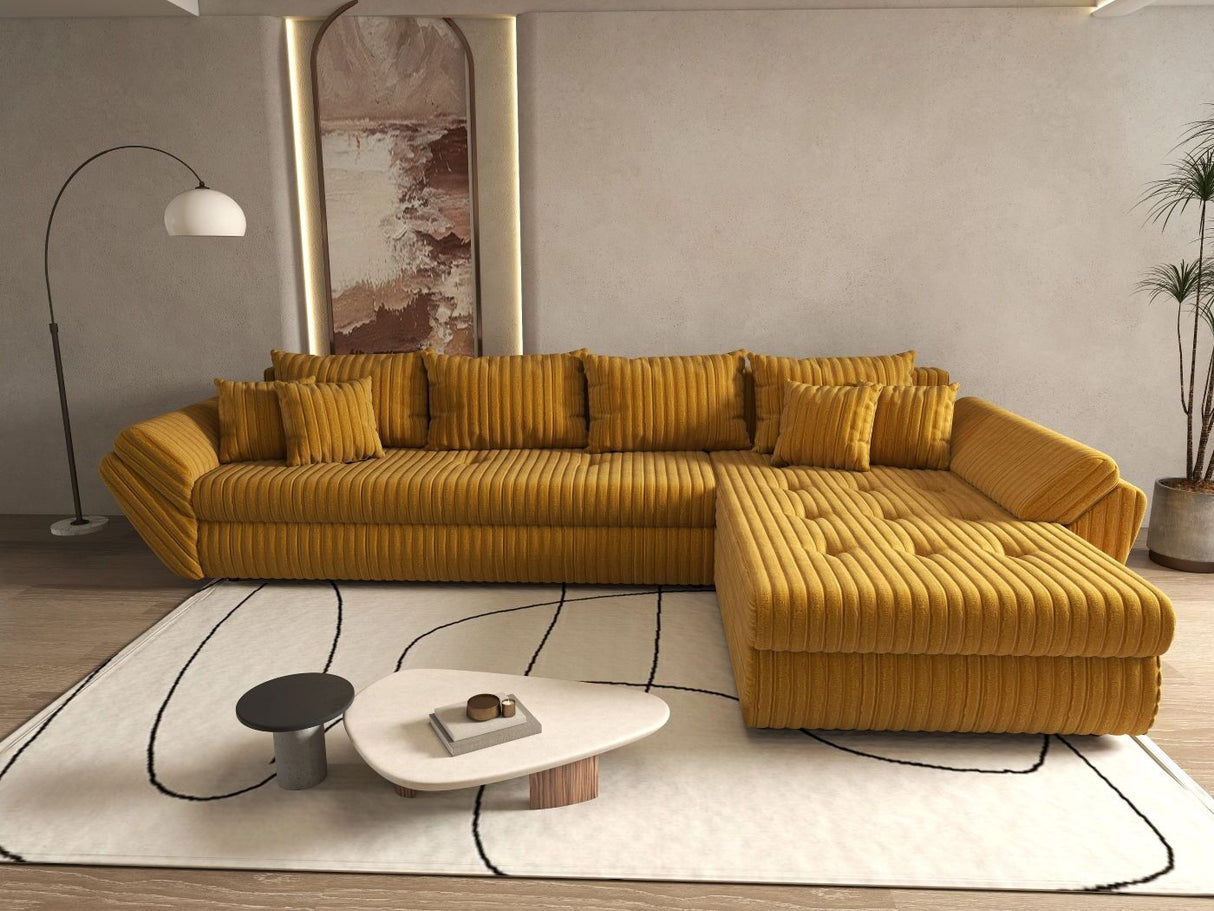 Colțar extensibil dumonde cu ladă de depozitare si sezut confortabil din spuma HR, Loana XL Ambience Mustar II 335x185 cm Fabrica