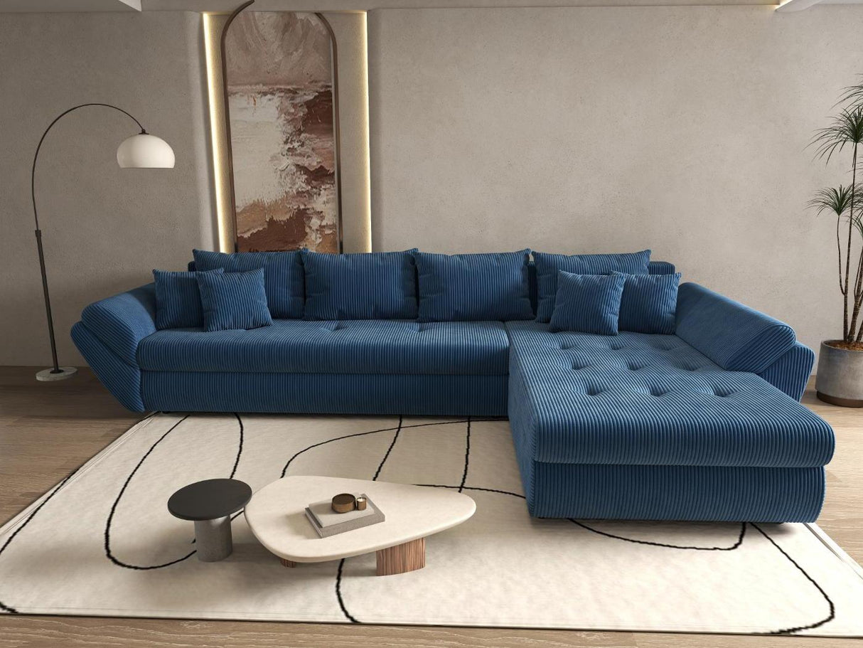 Colțar extensibil dumonde cu ladă de depozitare si sezut confortabil din spuma HR, Loana XL Zoom Albastru II 335x185 cm Fabrica
