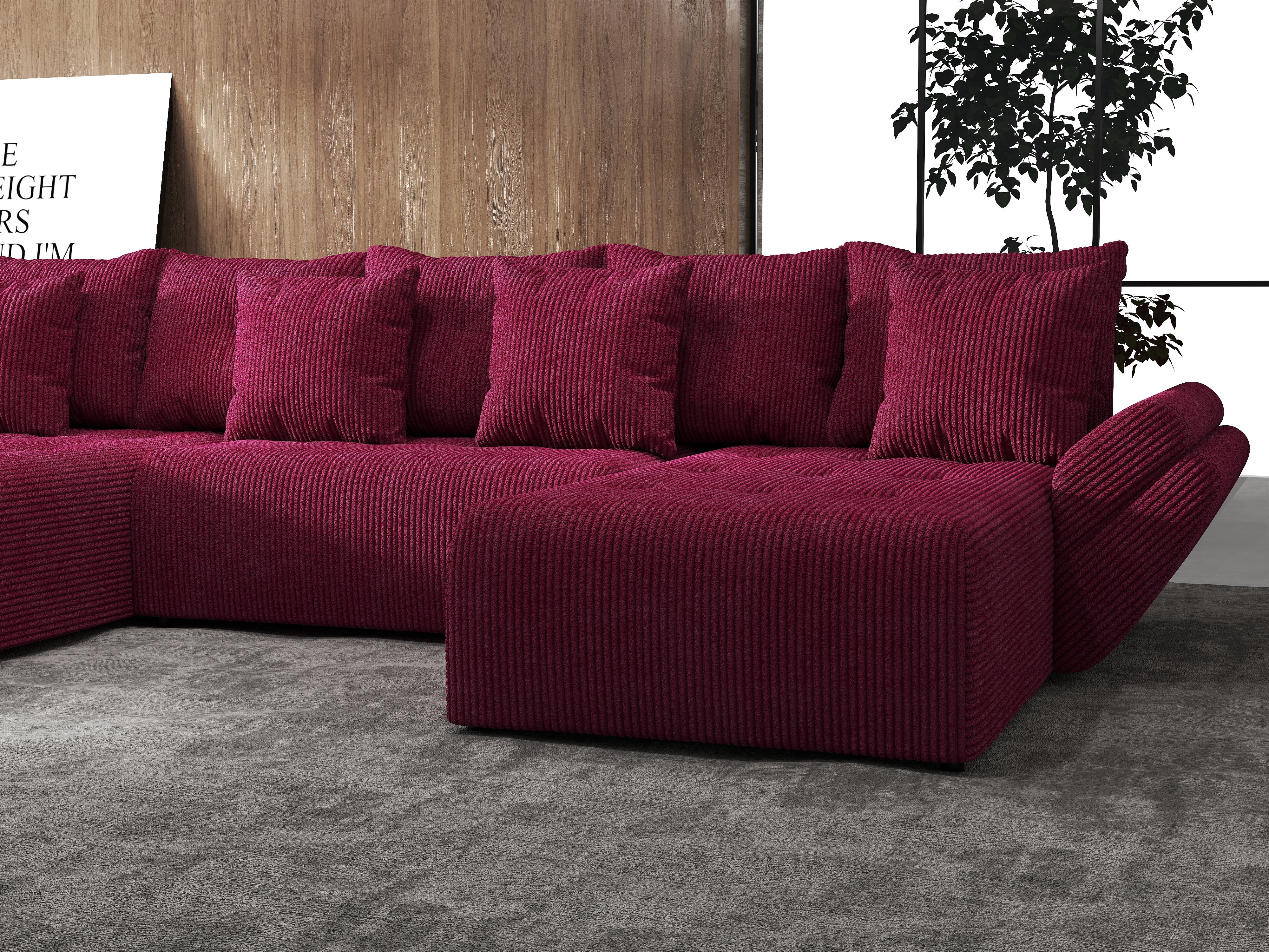 Colțar extensibil dumonde cu ladă de depozitare si sezut confortabil din spuma HR, Berlin U Zoom Bordeaux 380x180 cm Fabrica