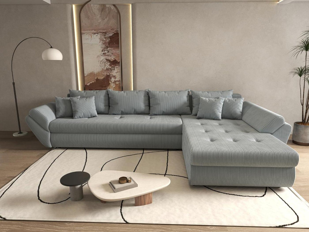 Colțar extensibil dumonde cu ladă de depozitare si sezut confortabil din spuma HR, Loana XL Zoom Mint II 335x185 cm Fabrica