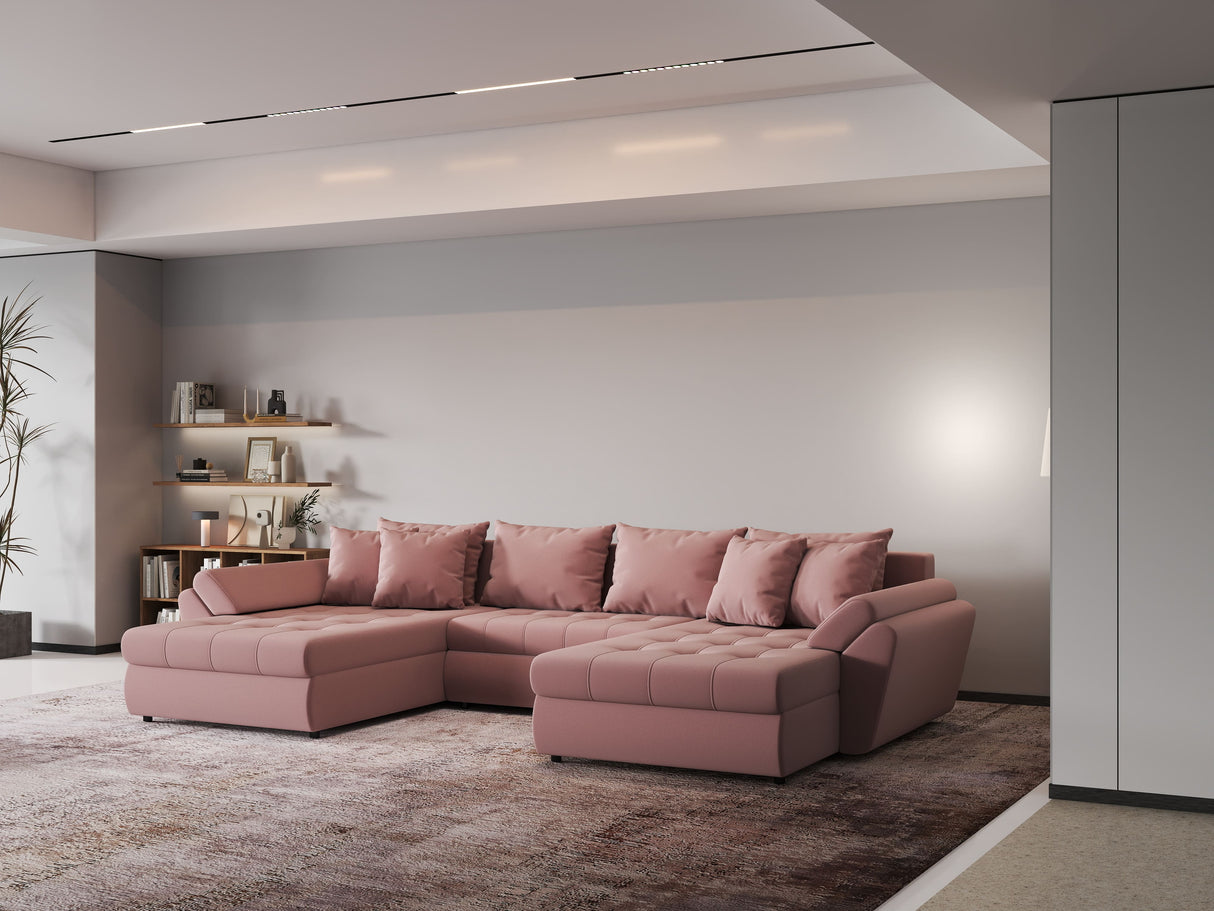 Colțar extensibil dumonde cu ladă de depozitare si sezut confortabil din spuma HR, Loana Royal Roz U 355x185 cm Fabrica