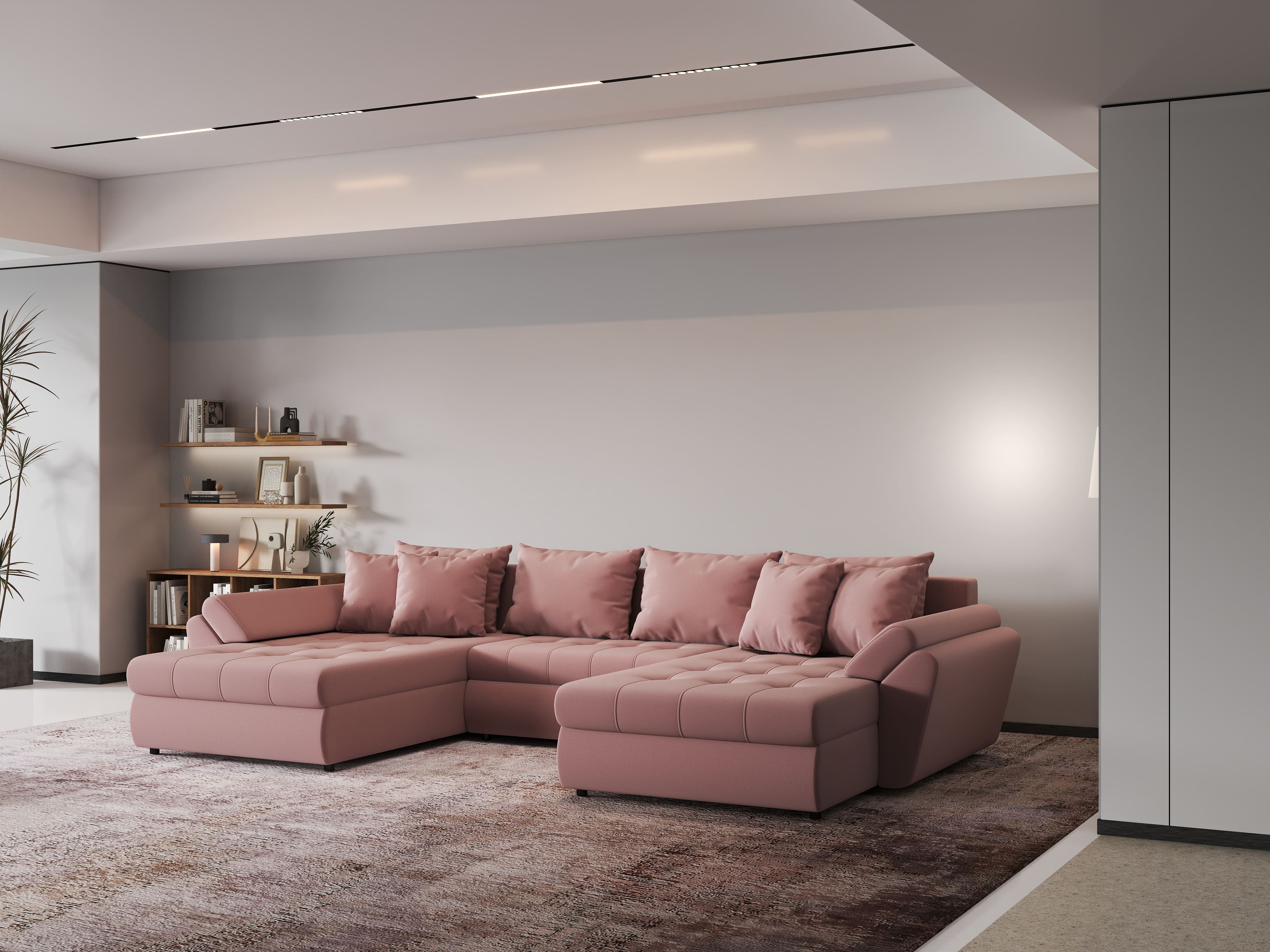 Colțar extensibil dumonde cu ladă de depozitare si sezut confortabil din spuma HR, Loana Royal Roz U 355x185 cm Fabrica