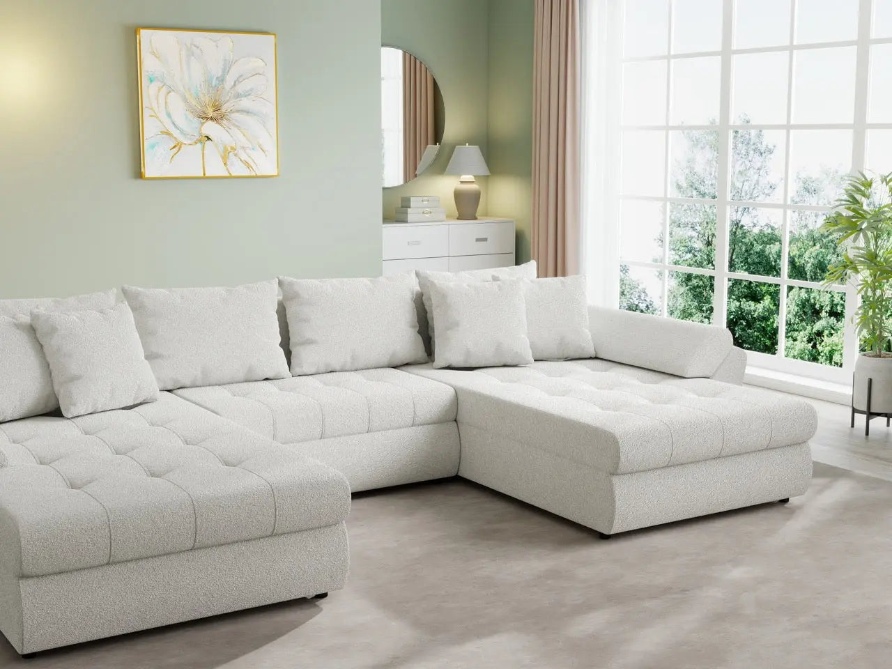 Colțar extensibil dumonde cu ladă de depozitare si sezut confortabil din spuma HR, Loana U Euphoria Ivory 355x185 cm Fabrica
