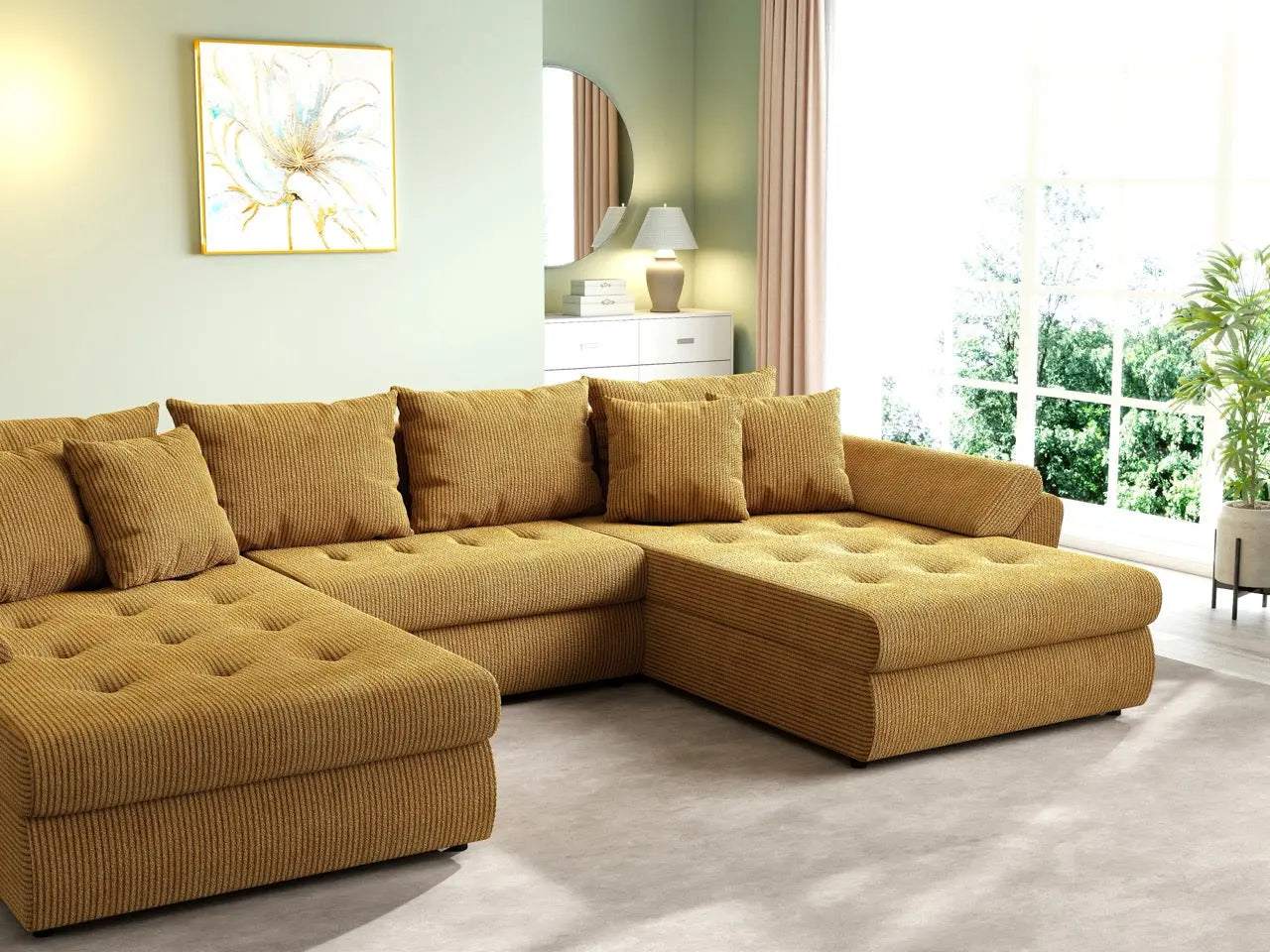 Colțar extensibil dumonde cu ladă de depozitare si sezut confortabil din spuma HR, Loana U Zoom Mustar 355x185 cm Fabrica