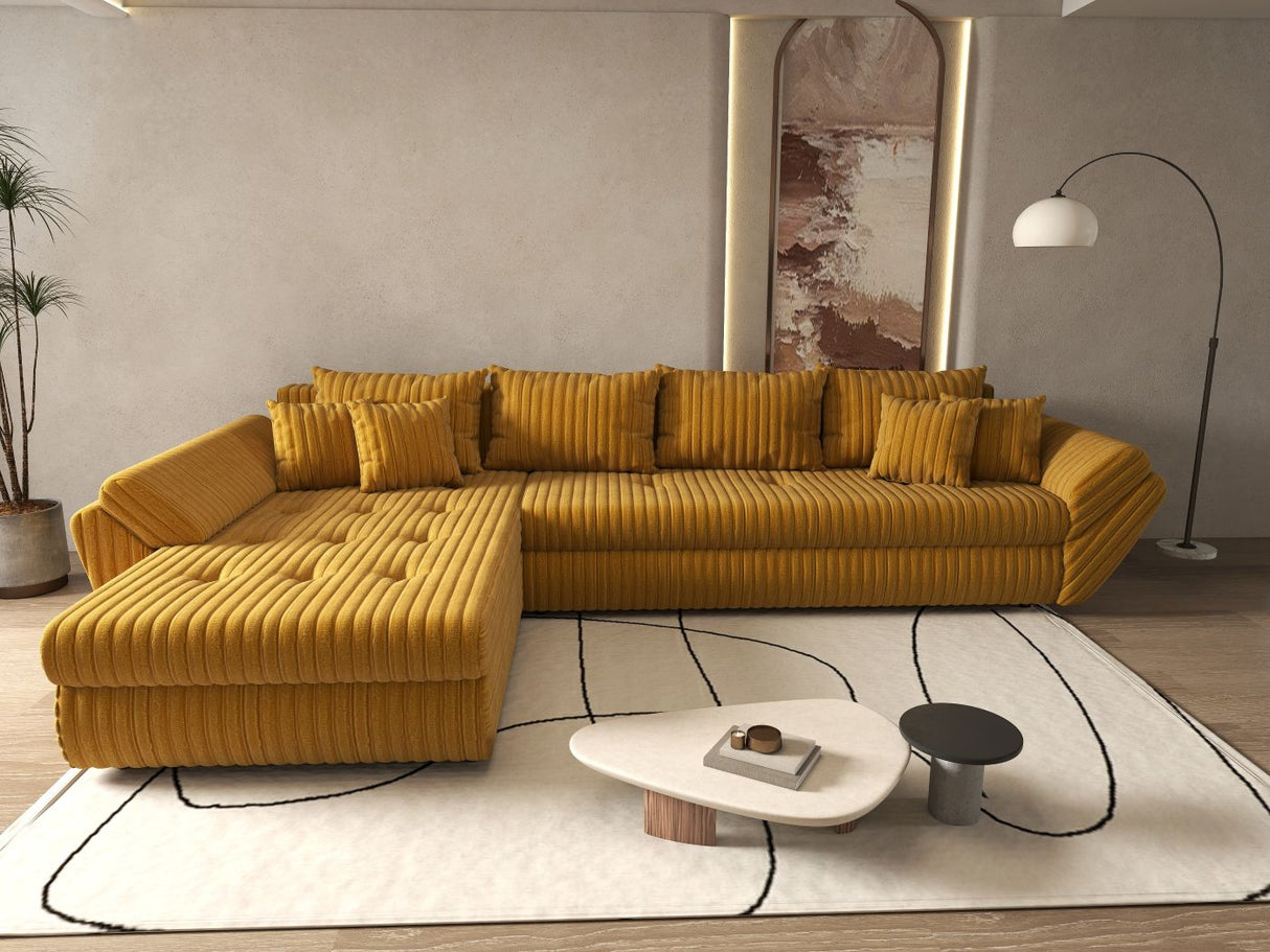 Colțar extensibil dumonde cu ladă de depozitare si sezut confortabil din spuma HR, Loana XL Ambience Mustar 335x185 cm Fabrica