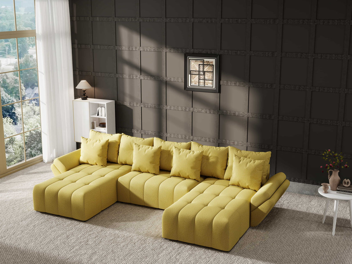 Colțar extensibil dumonde cu ladă de depozitare si sezut confortabil din spuma HR, Berlin U Enjoy Melon 380x180 cm Fabrica