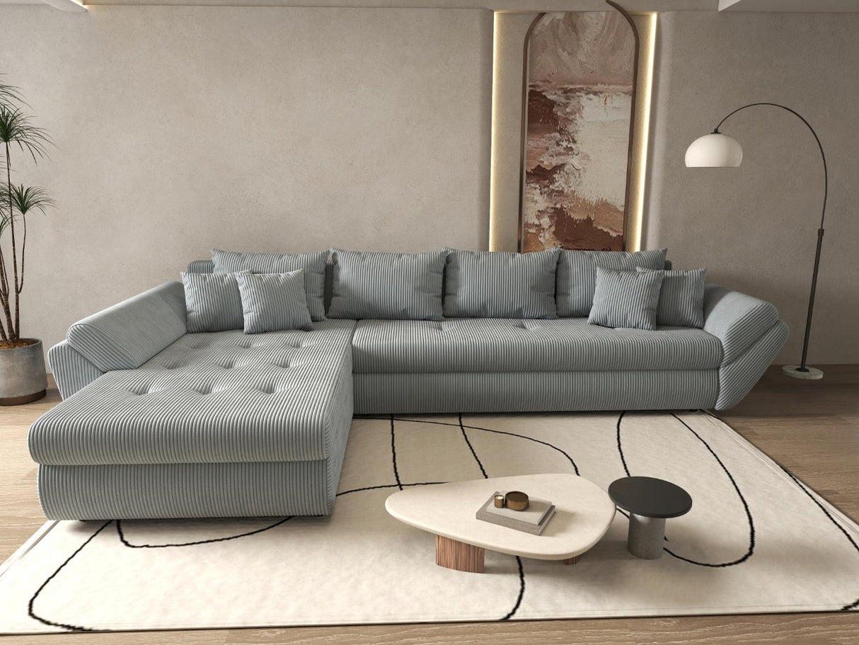 Colțar extensibil dumonde cu ladă de depozitare si sezut confortabil din spuma HR, Loana XL Zoom Gri 335x185 cm Fabrica