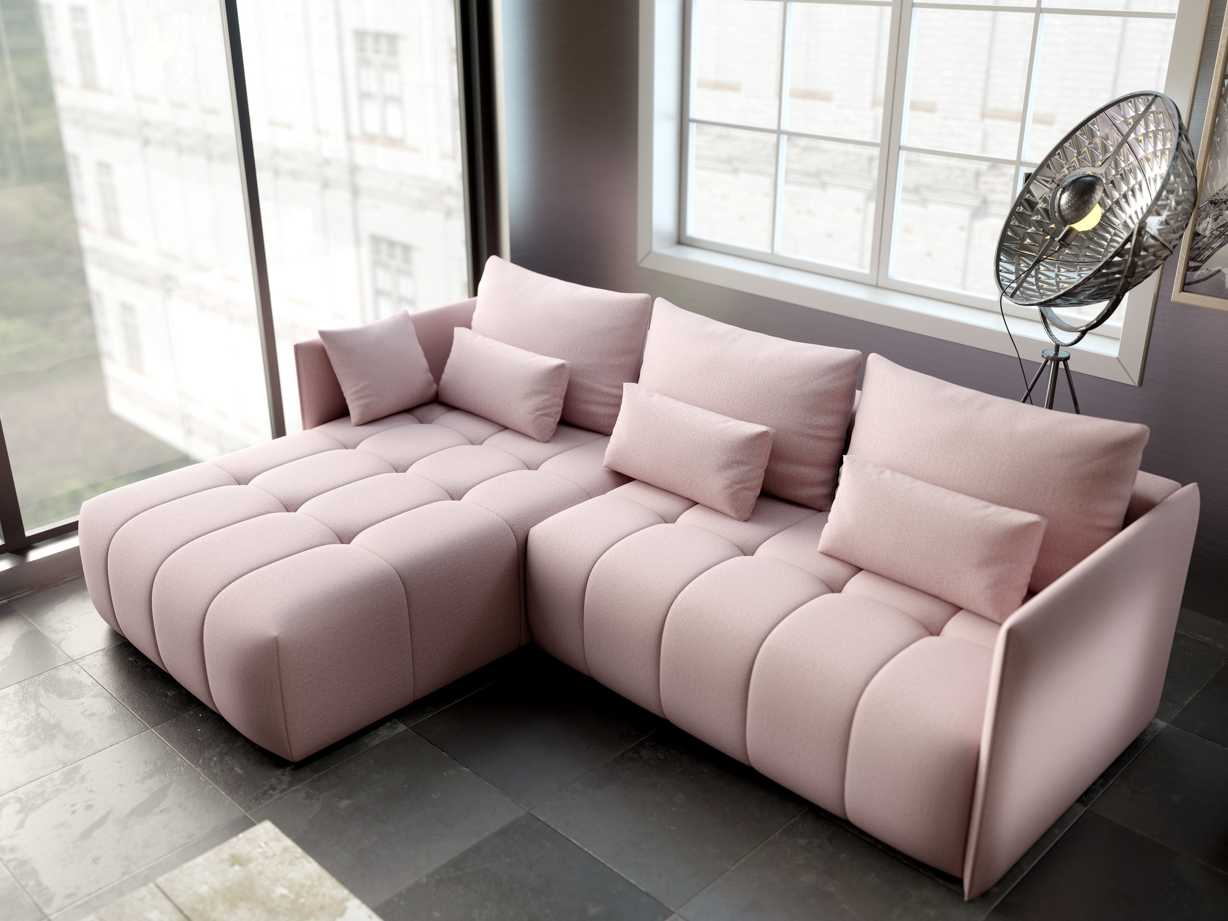 Colțar extensibil dumonde cu ladă de depozitare si sezut confortabil din spuma HR, Malta Rosa 235x185 cm Fabrica