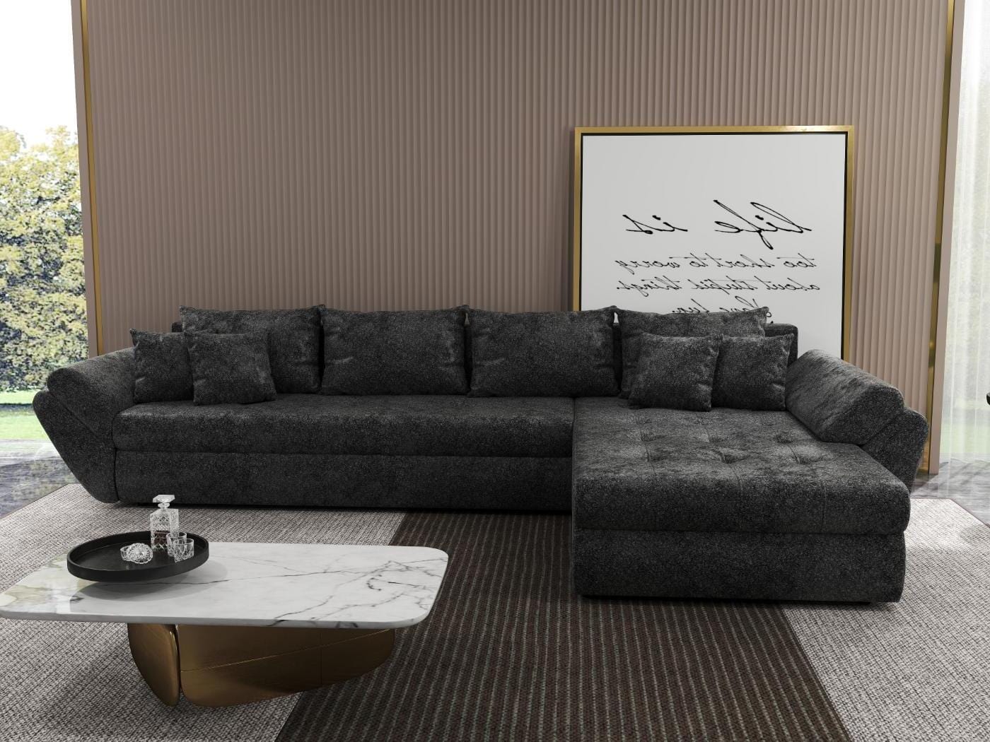 Colțar extensibil dumonde cu ladă de depozitare si sezut confortabil din spuma HR, Loana XL Euphoria Negru II 335x185 cm Fabrica