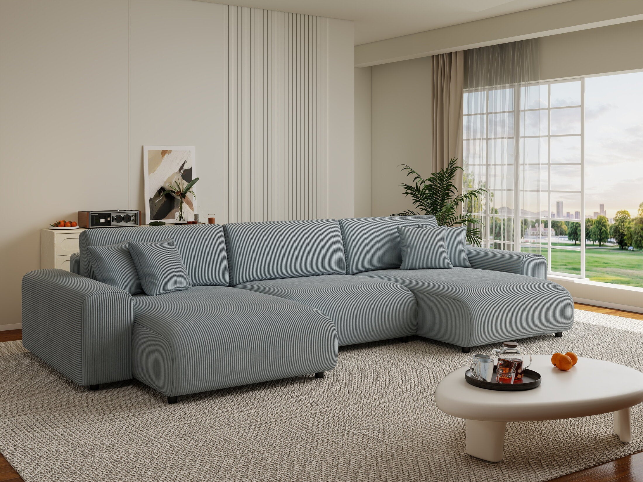 Colțar extensibil dumonde cu ladă de depozitare si sezut confortabil din spuma HR, Sarina U Zoom Gri Mint 350x168 cm