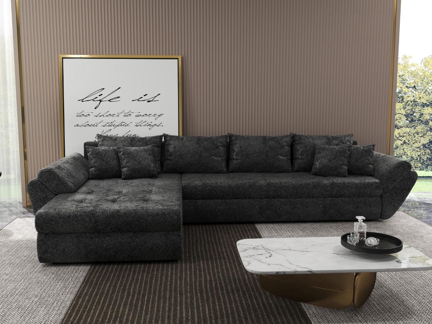 Colțar extensibil dumonde cu ladă de depozitare si sezut confortabil din spuma HR, Loana XL Euphoria Negru 335x185 cm Fabrica