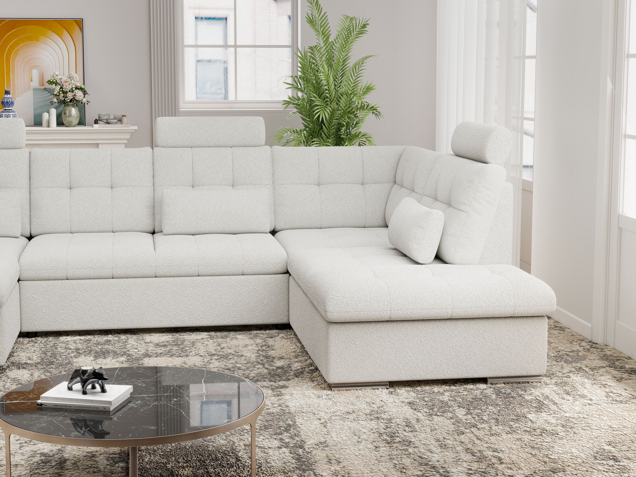 Colțar extensibil dumonde cu ladă de depozitare și șezut confortabil din spumă HR, Merkur U Euphoria Alb 324x218 cm