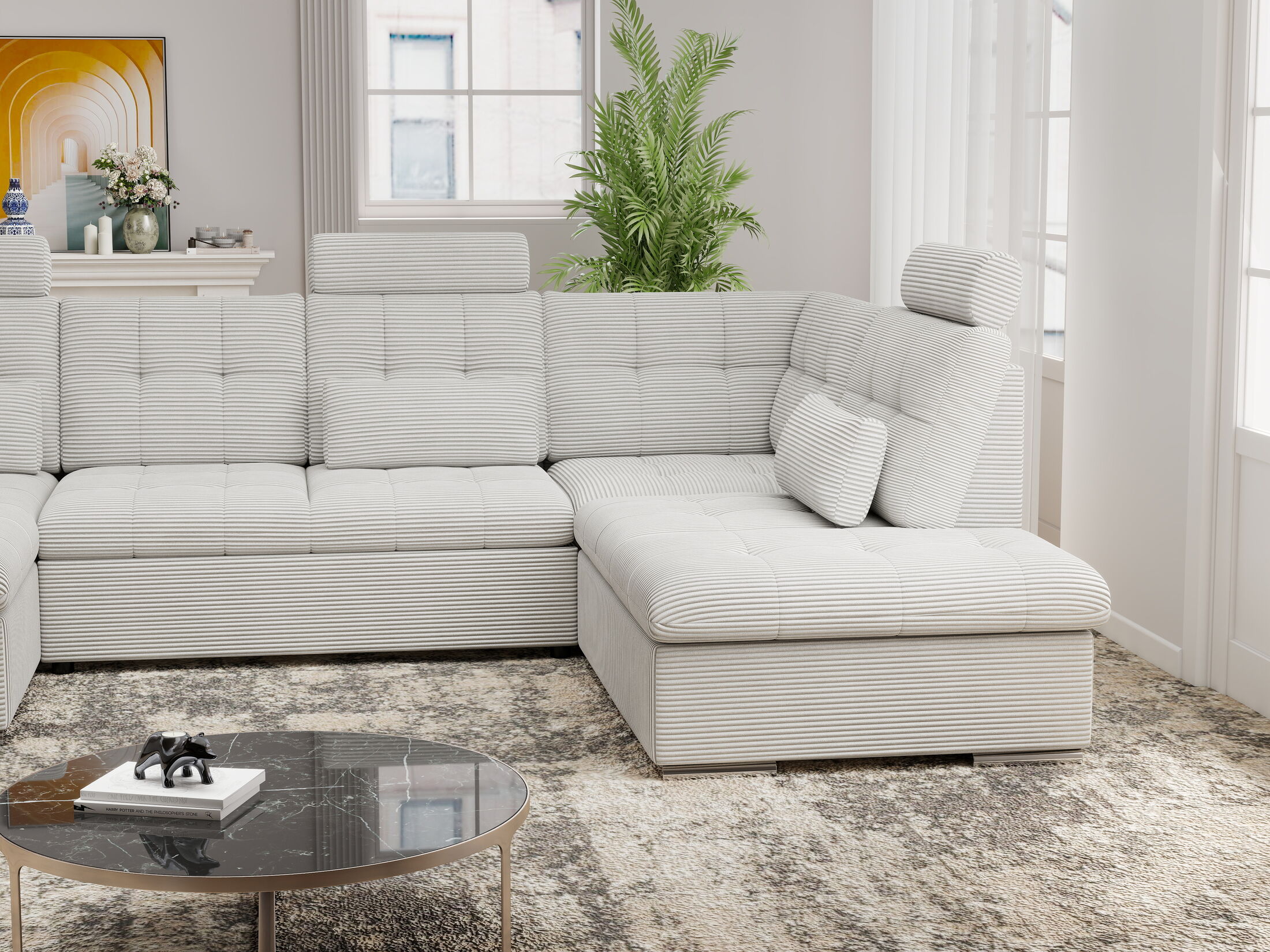 Colțar extensibil dumonde cu ladă de depozitare și șezut confortabil din spumă HR, Merkur U Zoom Gri 324x218 cm