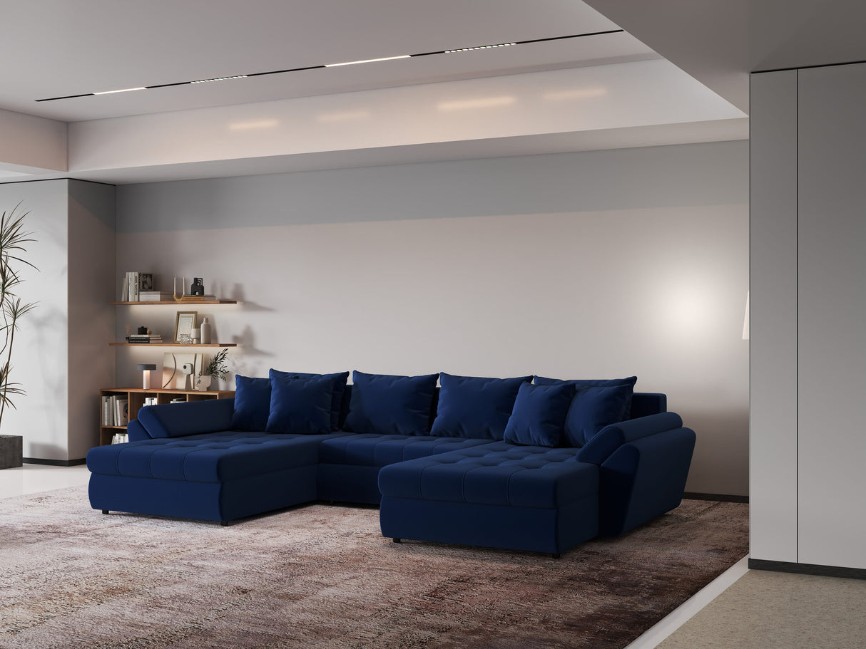 Colțar extensibil dumonde cu ladă de depozitare si sezut confortabil din spuma HR, Loana Royal Albastru U 355x185 cm Fabrica