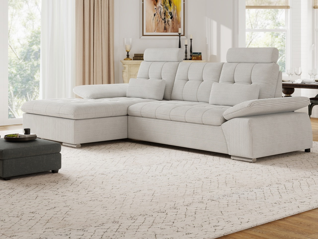 Colțar extensibil dumonde cu ladă de depozitare și șezut confortabil din spumă HR, Merkur Zoom Gri 270x168 cm