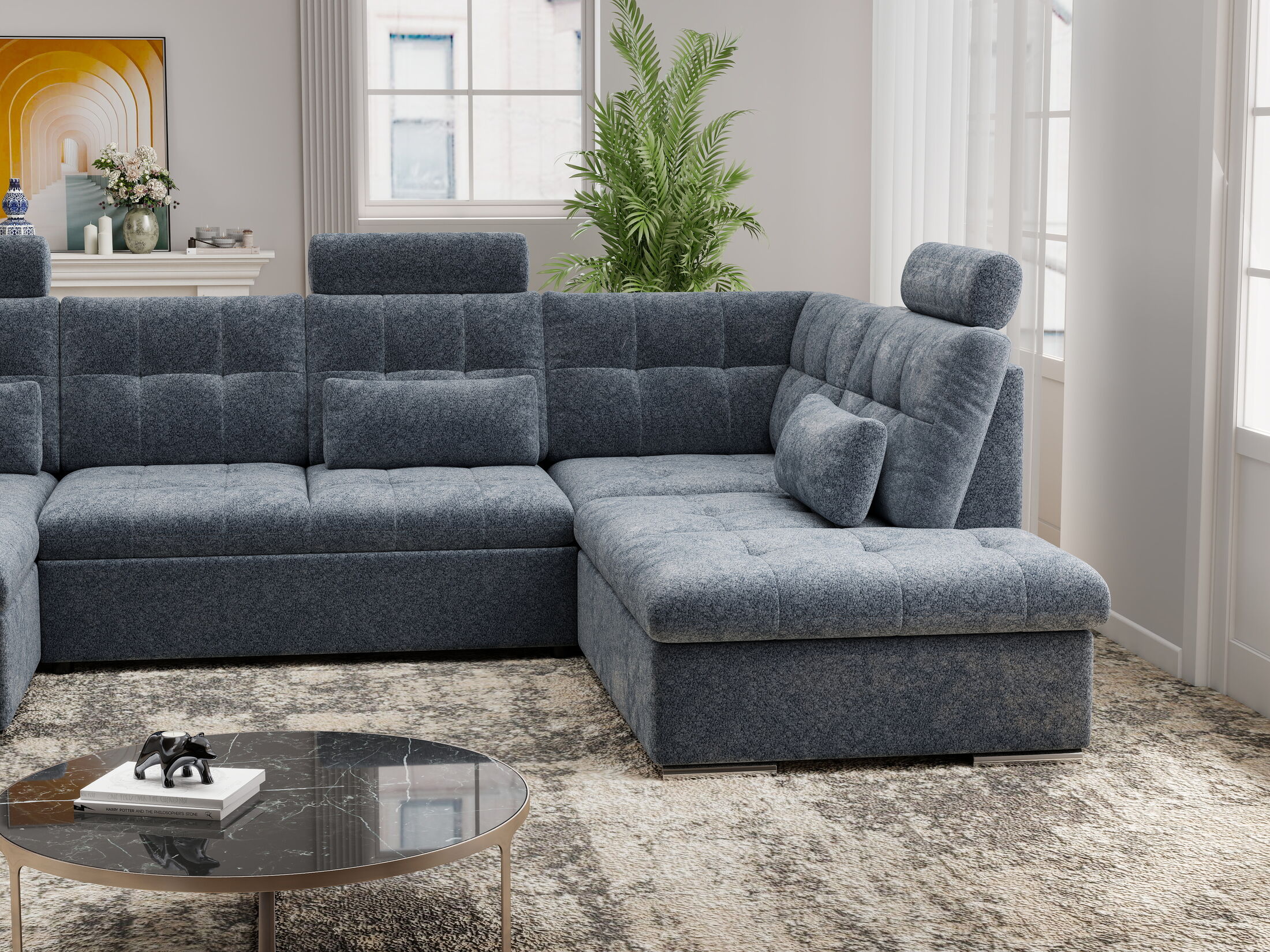 Colțar extensibil dumonde cu ladă de depozitare și șezut confortabil din spumă HR, Merkur U Euphoria Gri Grafit 324x218 cm