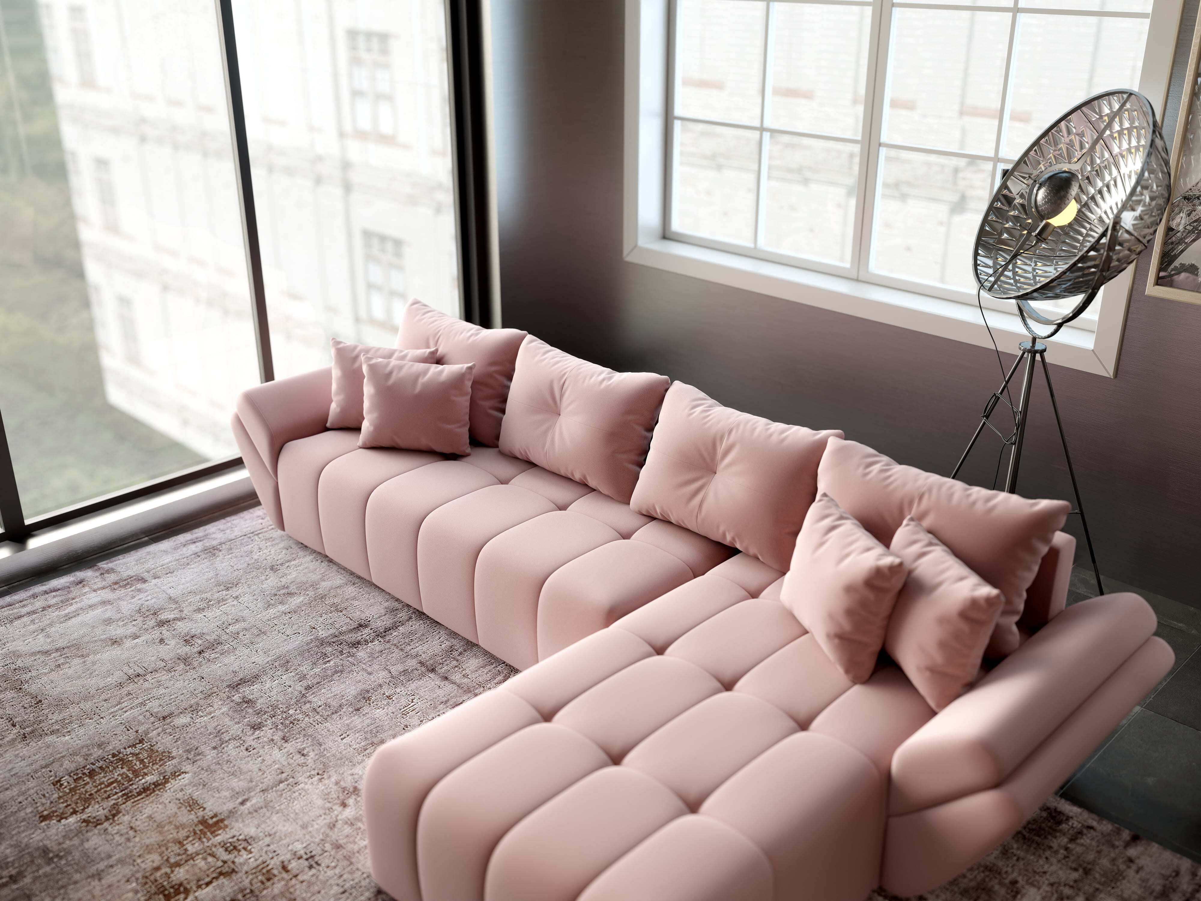 Colțar extensibil dumonde cu ladă de depozitare si sezut confortabil din spuma HR, Berlin XL Royal Roz 350x185 cm II Fabrica