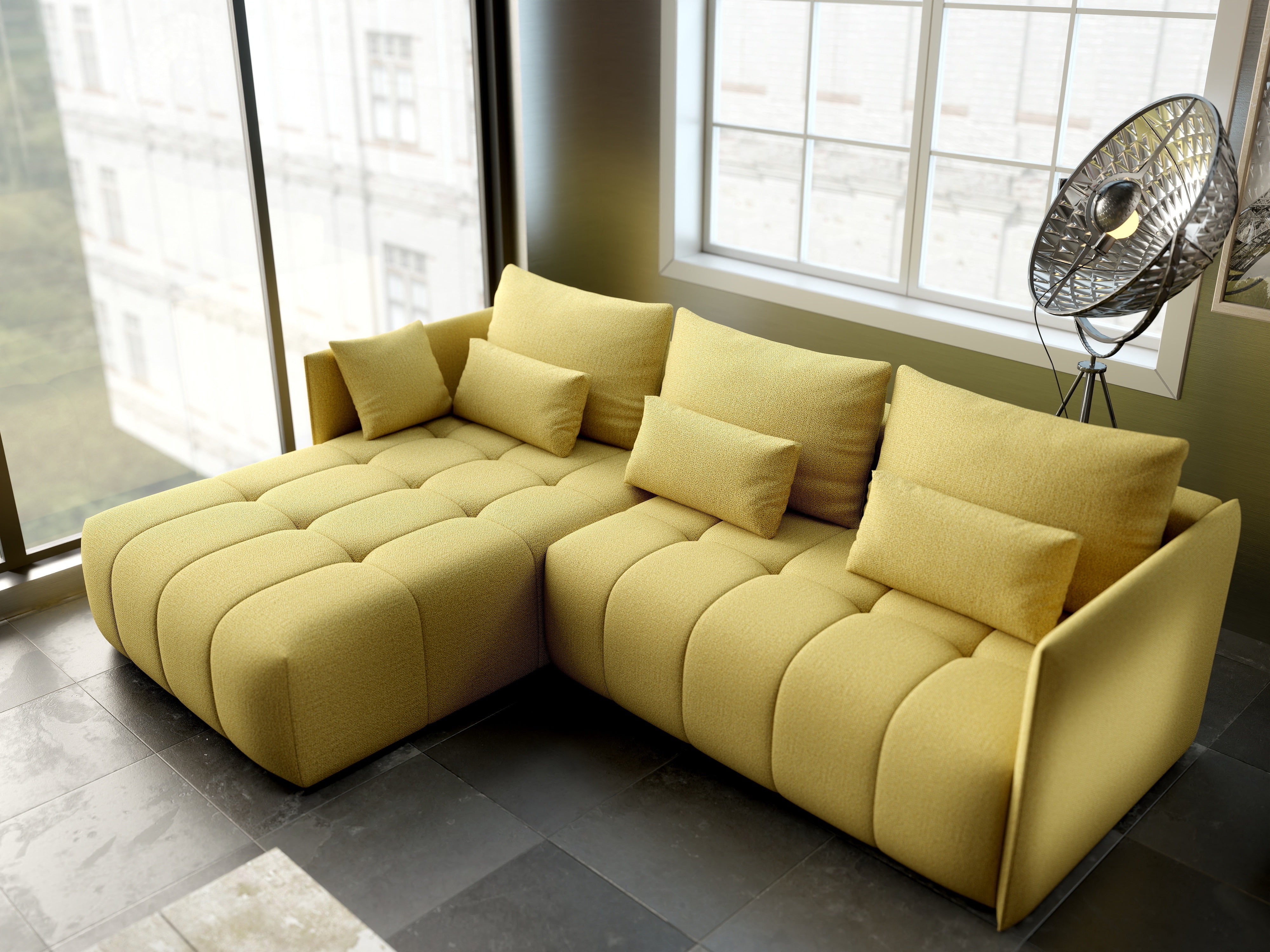 Colțar extensibil dumonde cu ladă de depozitare si sezut confortabil din spuma HR, Malta Galben 235x185 cm Fabrica
