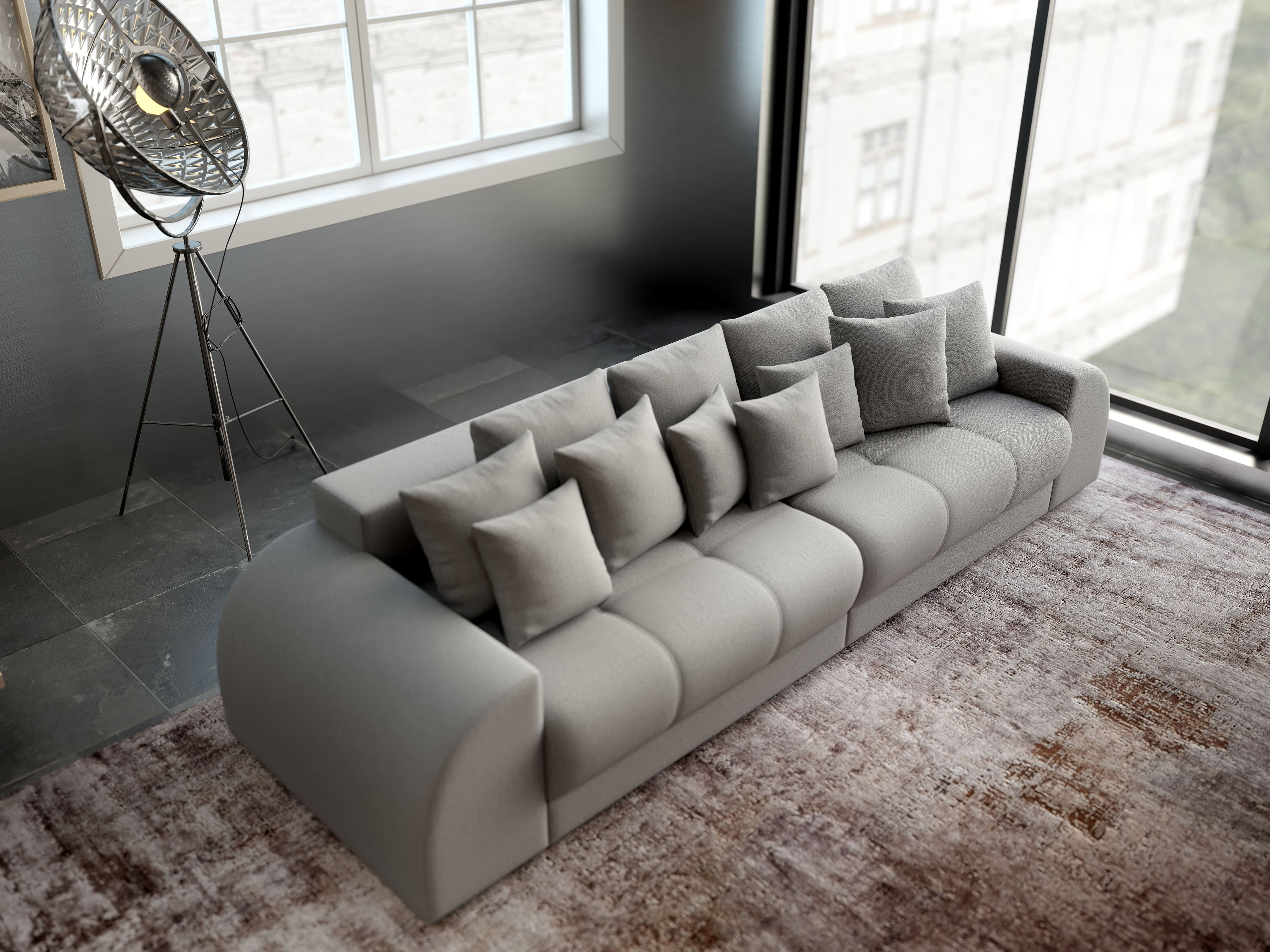 Canapea extensibilă dumonde cu 2 lăzi de depozitare si sezut confortabil din spuma HR, Big Sofa Verona Enjoy Lux Light Grey 310x100 cm Fabrica