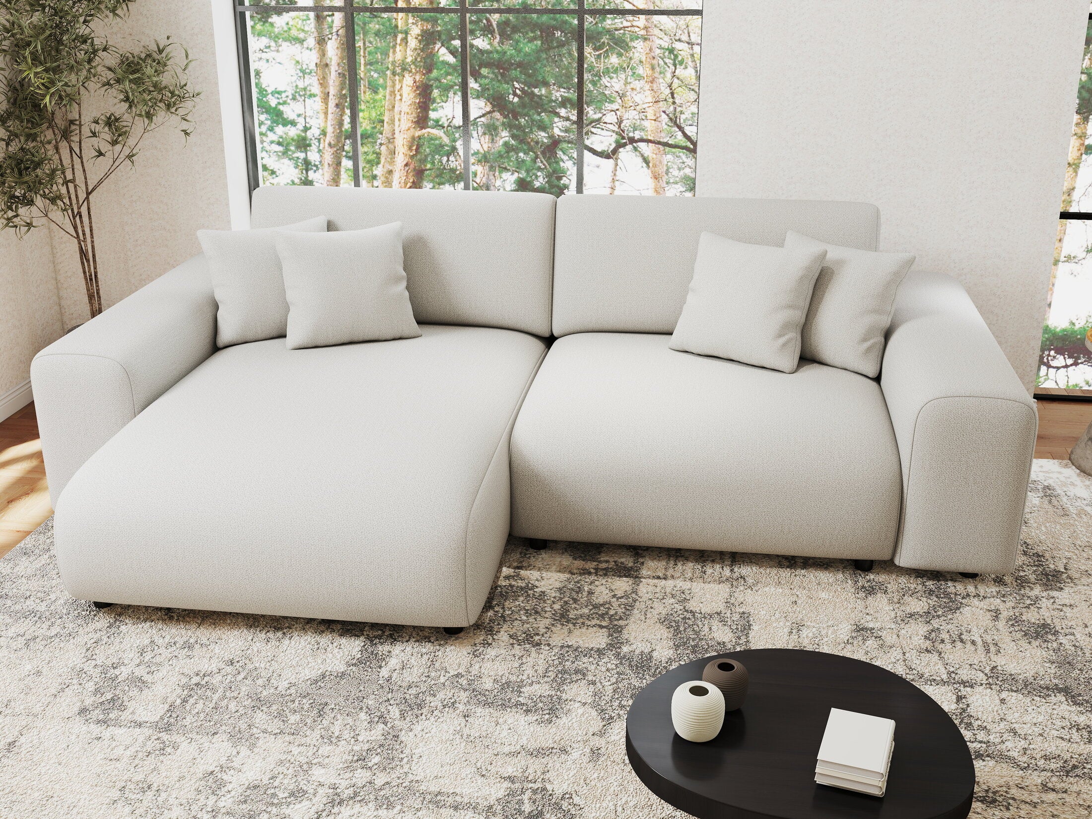 Colțar extensibil dumonde cu ladă de depozitare si sezut confortabil din spuma HR, Sarina Enjoy Bej 255x168 cm