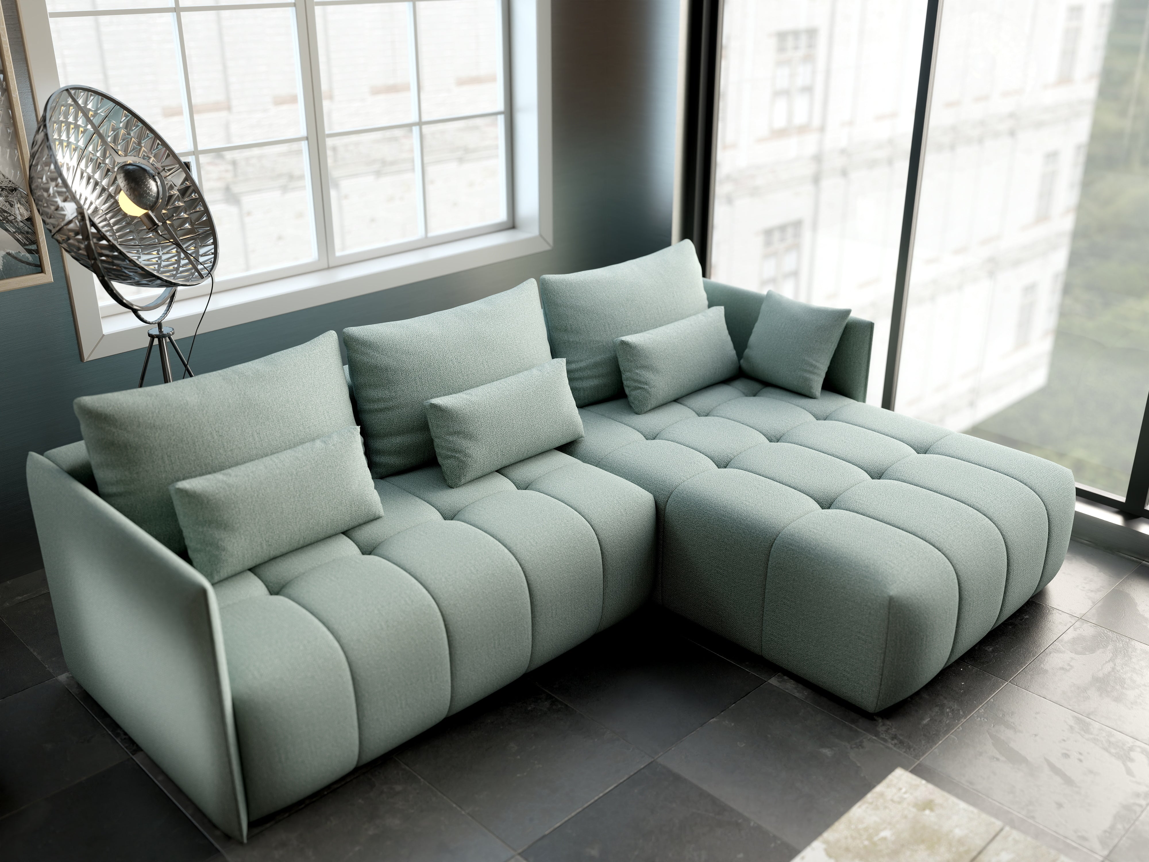 Colțar extensibil dumonde cu ladă de depozitare si sezut confortabil din spuma HR, Malta Mint II 235x185 cm Fabrica