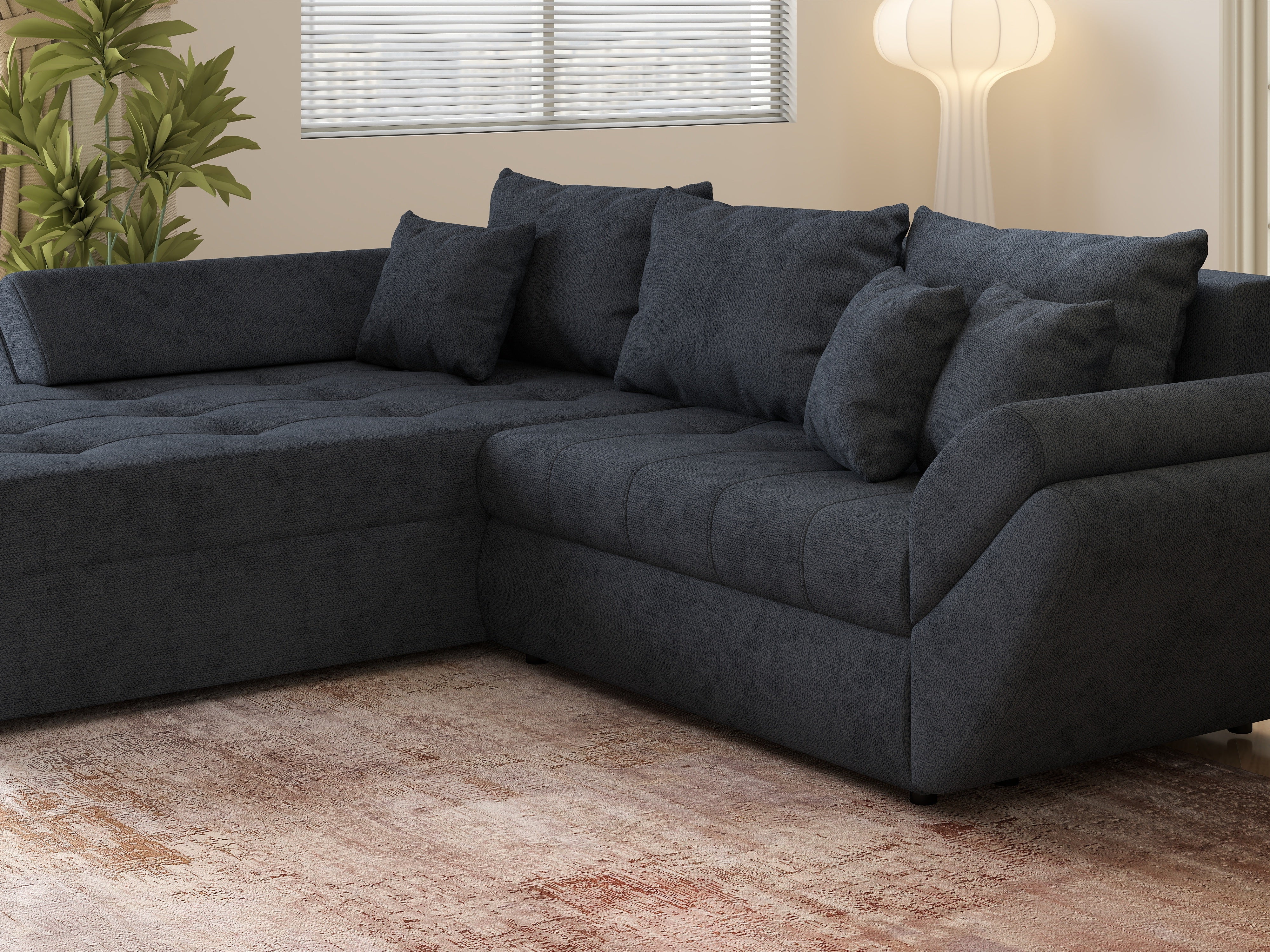 Colțar extensibil dumonde cu ladă de depozitare si sezut confortabil din spuma HR, Loana Antracit 270x185 cm Fabrica