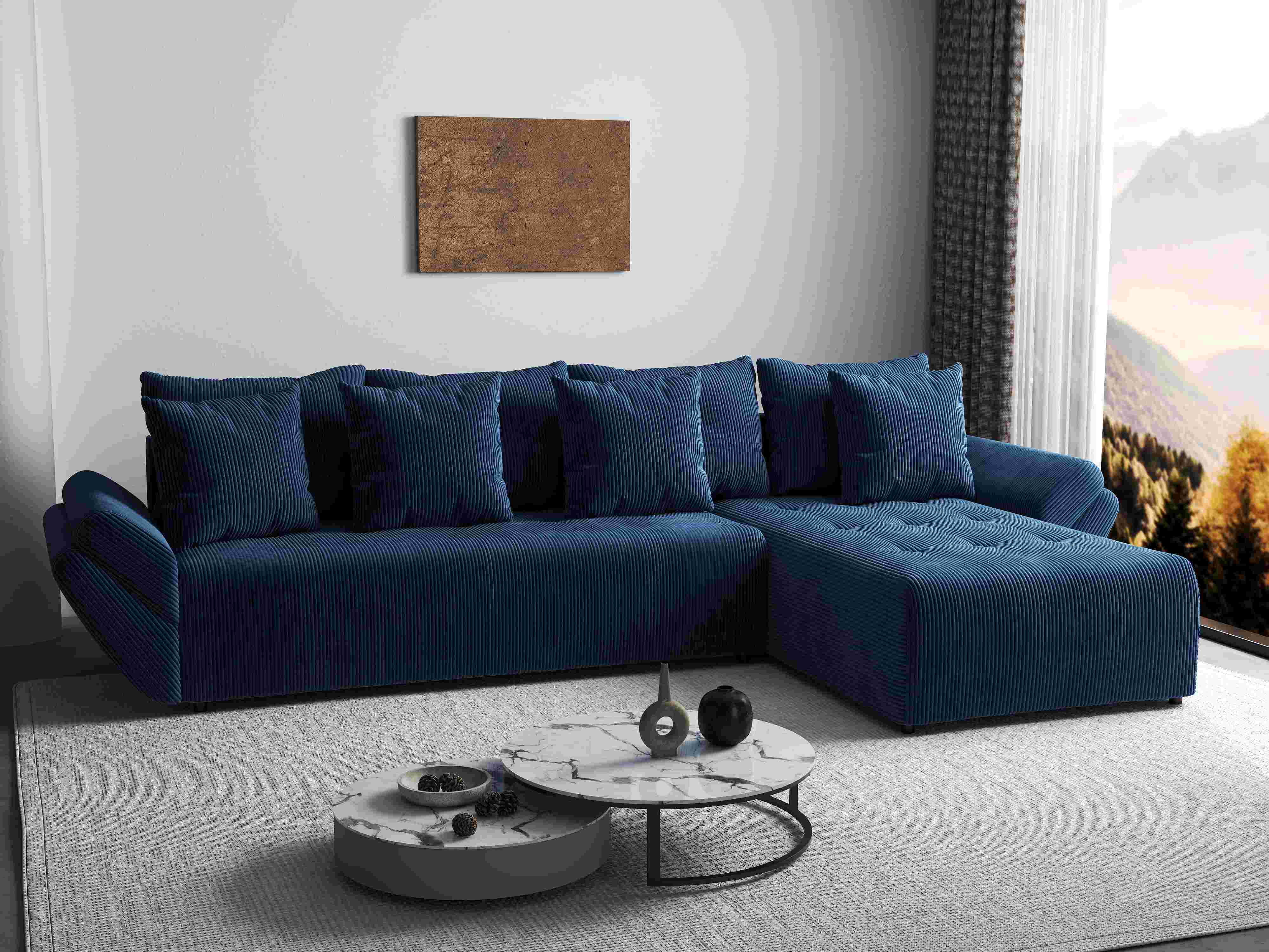 Colțar extensibil dumonde cu ladă de depozitare si sezut confortabil din spuma HR, Berlin XL Zoom Blue 350x185 cm II Fabrica
