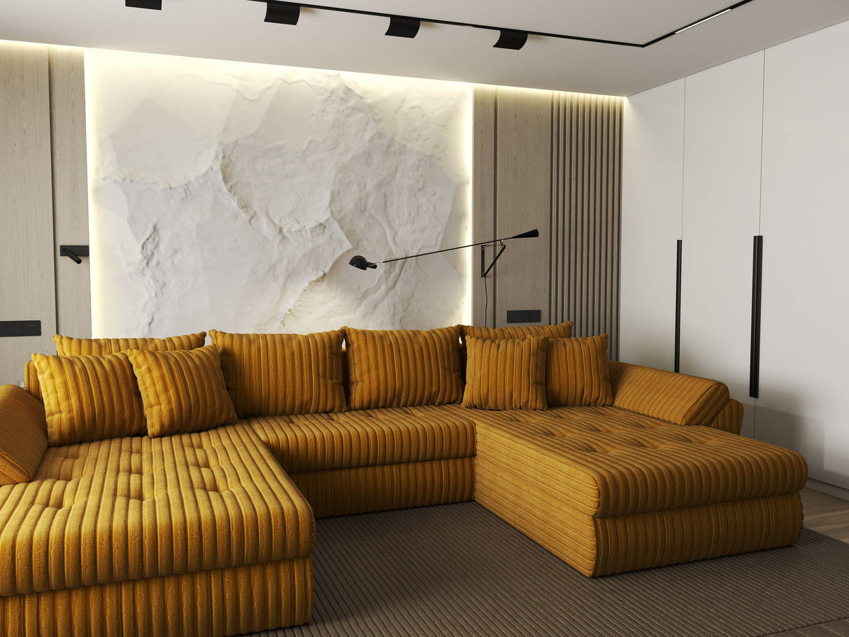 Colțar extensibil dumonde cu ladă de depozitare si sezut confortabil din spuma HR, Loana U Mustar Ambience 355x185 cm Fabrica