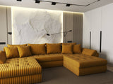 Colțar extensibil dumonde cu ladă de depozitare si sezut confortabil din spuma HR, Loana U Mustar Ambience 355x185 cm Fabrica