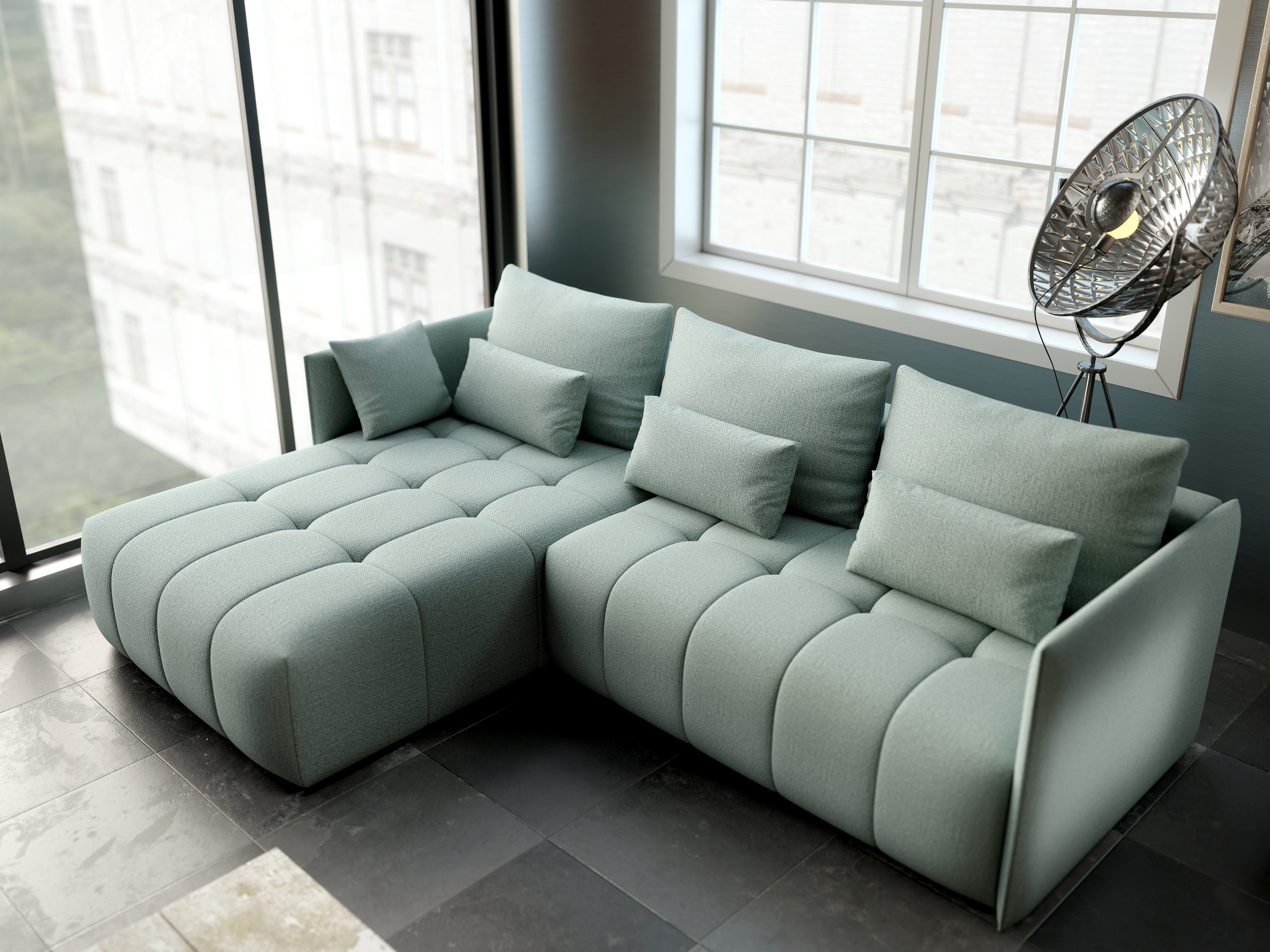 Colțar extensibil dumonde cu ladă de depozitare si sezut confortabil din spuma HR, Malta Mint 235x185 cm Fabrica